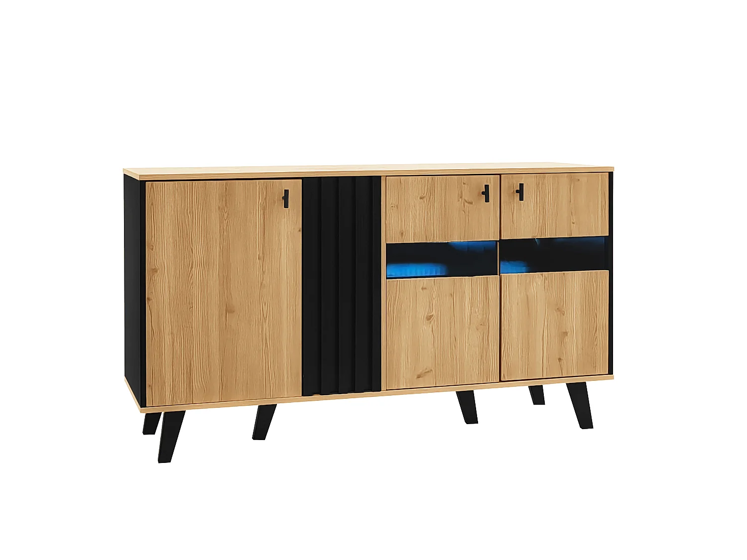 Niedriges Sideboard mit 3 Türen – 140 x 78,5 x 41 cm – Glas und Spanplatte – LED-Beleuchtung – Natur