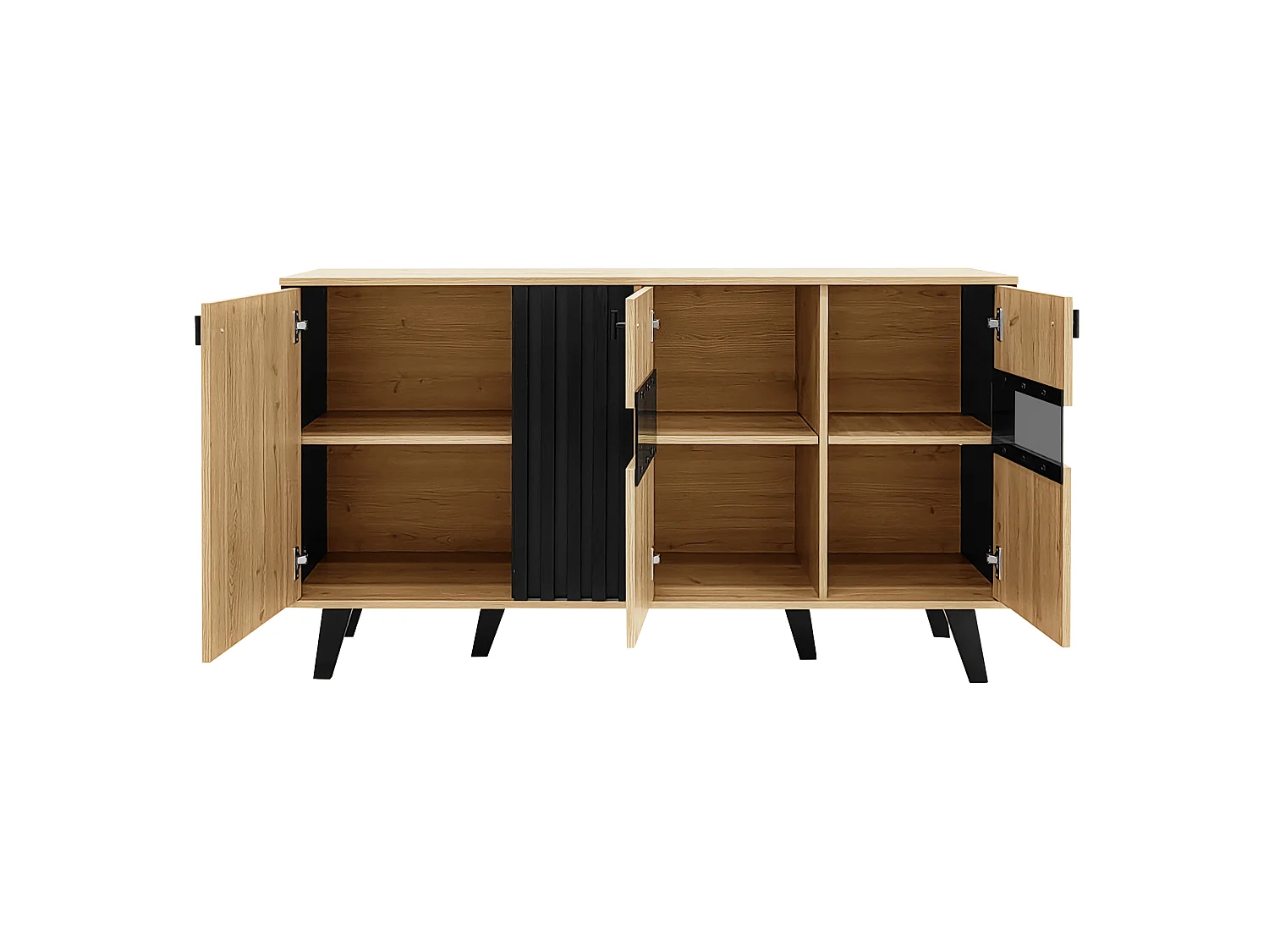 Niedriges Sideboard mit 3 Türen – 140 x 78,5 x 41 cm – Glas und Spanplatte – LED-Beleuchtung – Natur