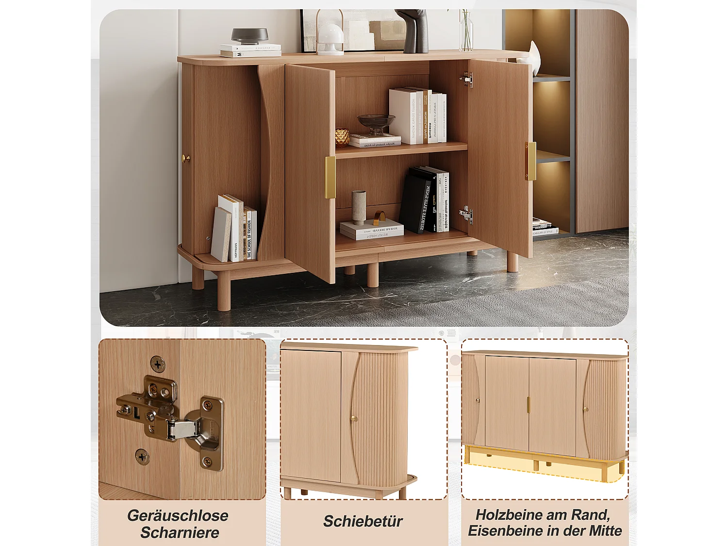Skänk med 2 skjutdörrar, 2 gångjärnsförsedda dörrar, justerbar hylla och rundade kanter - MDF - 140 x 40 x 88 cm - Naturträ