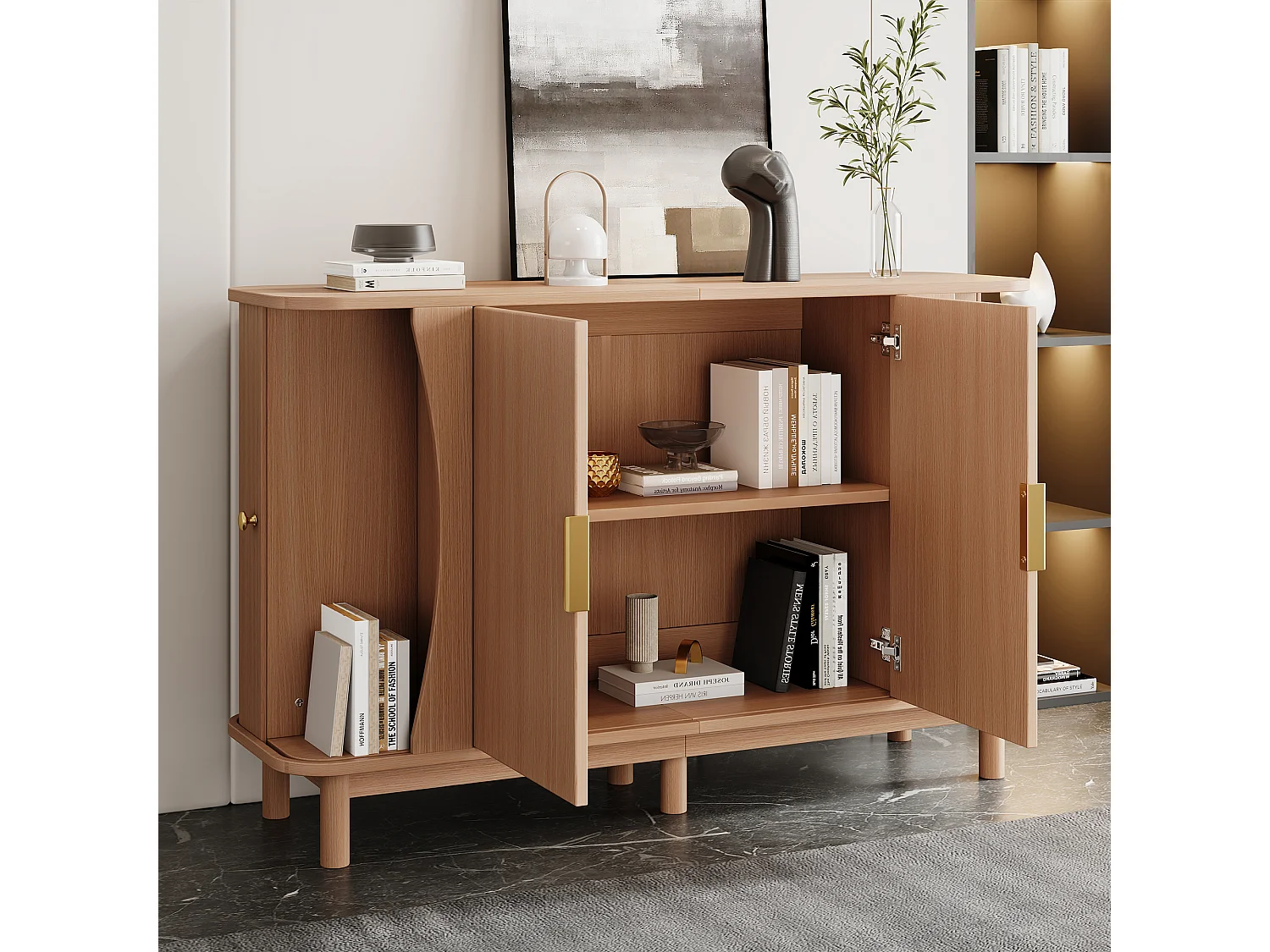 Skänk med 2 skjutdörrar, 2 gångjärnsförsedda dörrar, justerbar hylla och rundade kanter - MDF - 140 x 40 x 88 cm - Naturträ