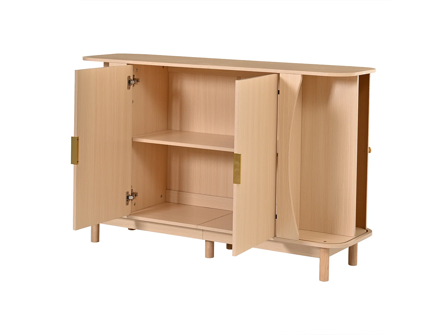 Skänk med 2 skjutdörrar, 2 gångjärnsförsedda dörrar, justerbar hylla och rundade kanter - MDF - 140 x 40 x 88 cm - Naturträ
