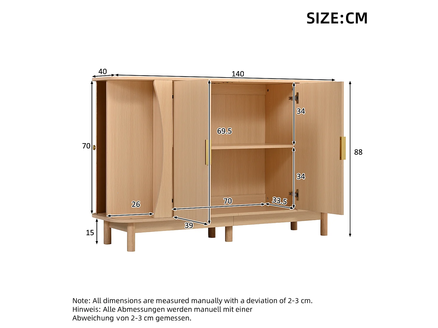 Skänk med 2 skjutdörrar, 2 gångjärnsförsedda dörrar, justerbar hylla och rundade kanter - MDF - 140 x 40 x 88 cm - Naturträ