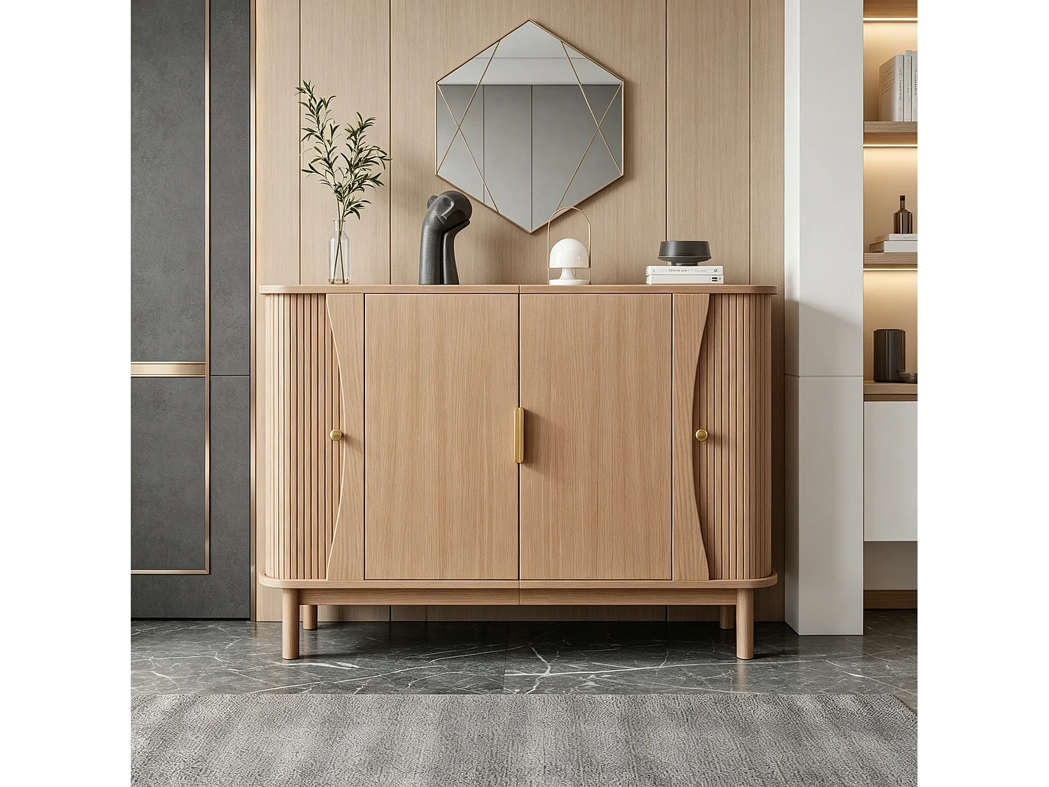 Skänk med 2 skjutdörrar, 2 gångjärnsförsedda dörrar, justerbar hylla och rundade kanter - MDF - 140 x 40 x 88 cm - Naturträ