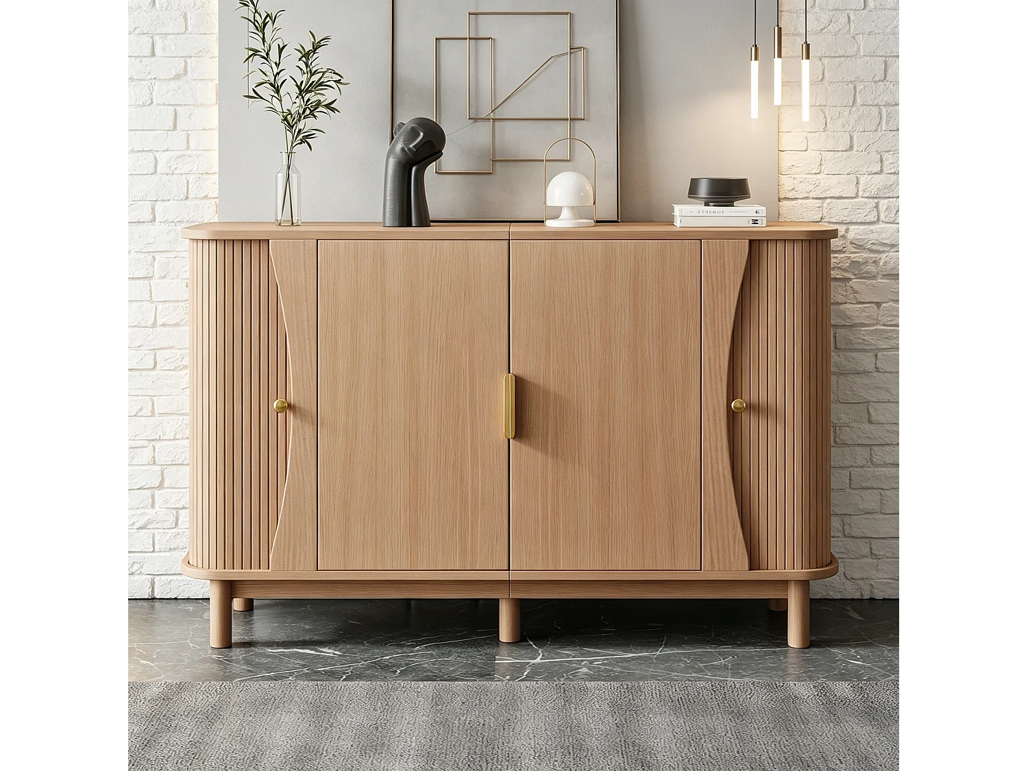 Skänk med 2 skjutdörrar, 2 gångjärnsförsedda dörrar, justerbar hylla och rundade kanter - MDF - 140 x 40 x 88 cm - Naturträ