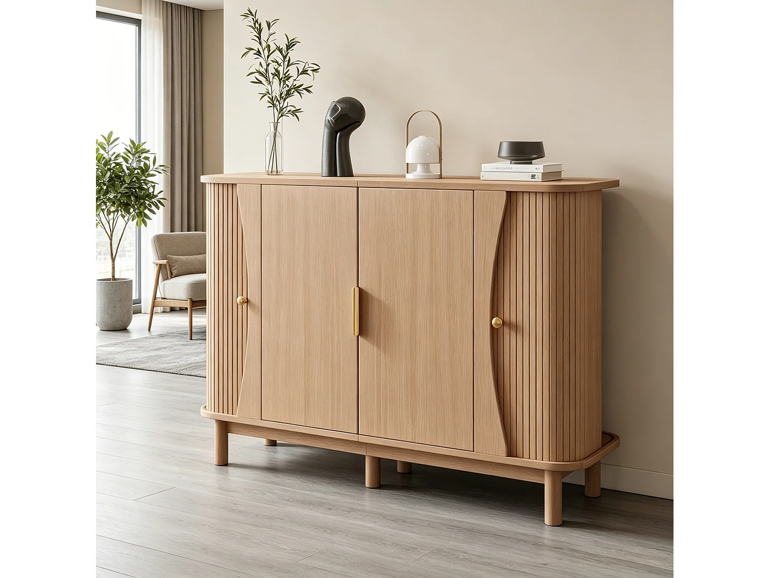 Skänk med 2 skjutdörrar, 2 gångjärnsförsedda dörrar, justerbar hylla och rundade kanter - MDF - 140 x 40 x 88 cm - Naturträ