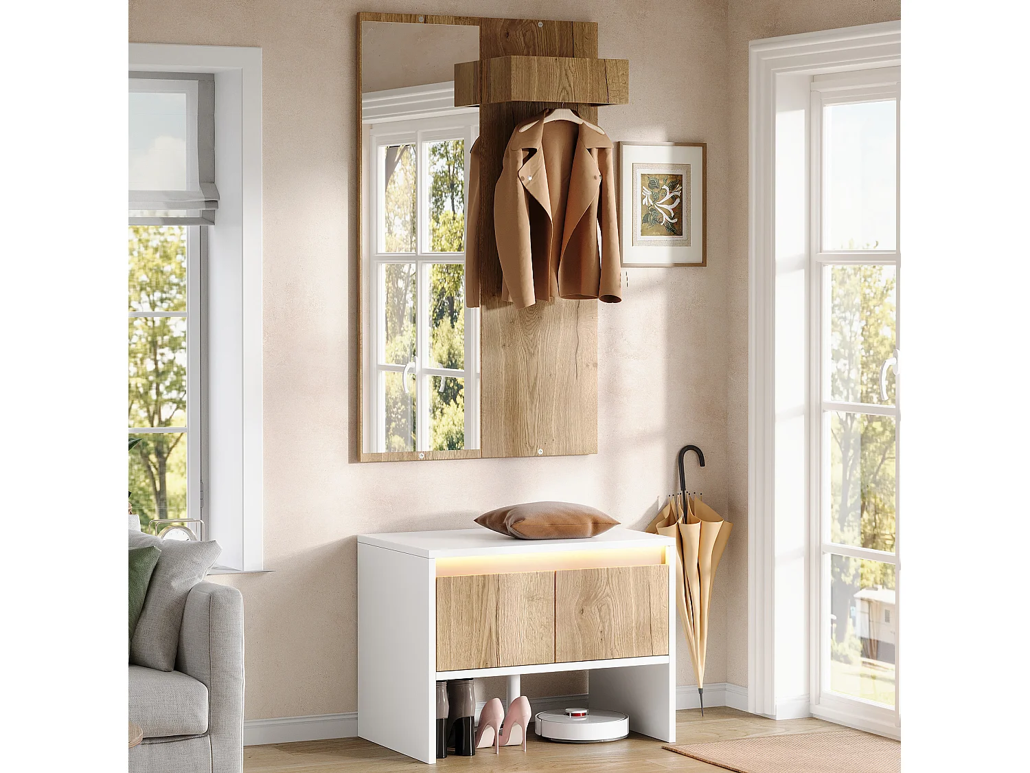Shoe cabinet with mirror, bench and 2 drawers - Particleboard - 60 x 38 x 145 cm - White and natural wood