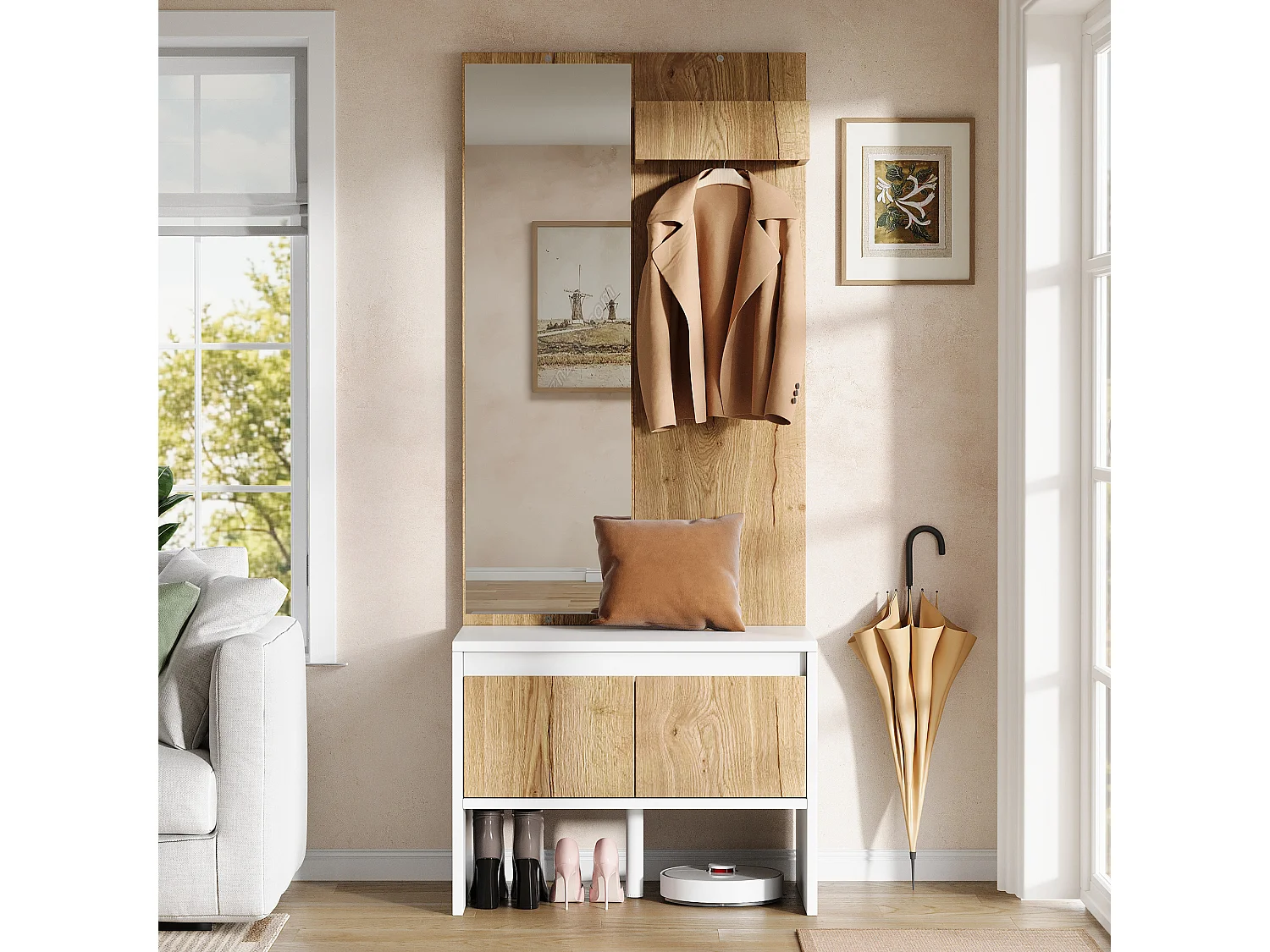 Shoe cabinet with mirror, bench and 2 drawers - Particleboard - 60 x 38 x 145 cm - White and natural wood