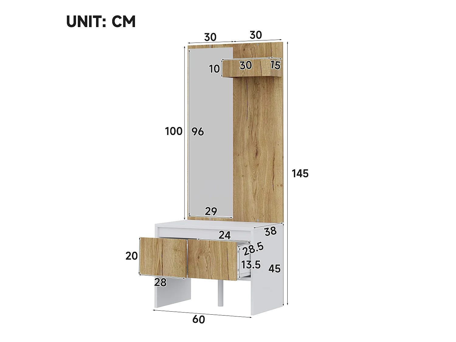 Shoe cabinet with mirror, bench and 2 drawers - Particleboard - 60 x 38 x 145 cm - White and natural wood