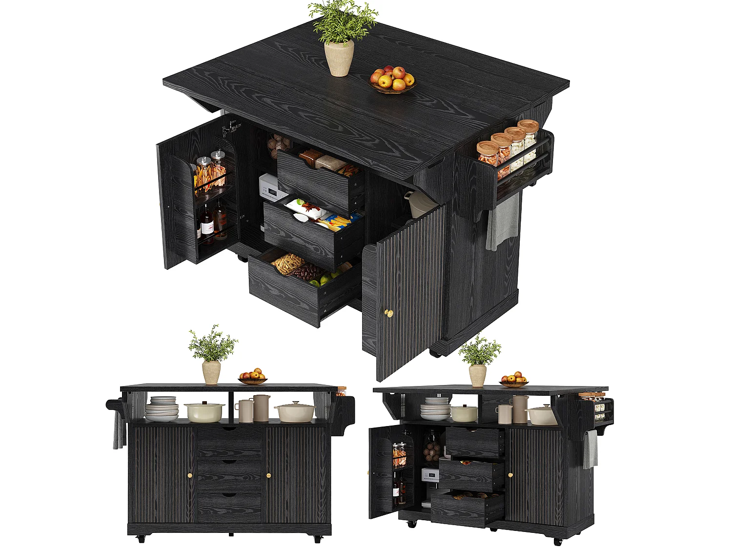 Keukentrolley met uitklapbare verlengstukken, 3 lades en vergrendelbare wielen - MDF en metaal - 142,5 × 80 × 95 cm - Zwart
