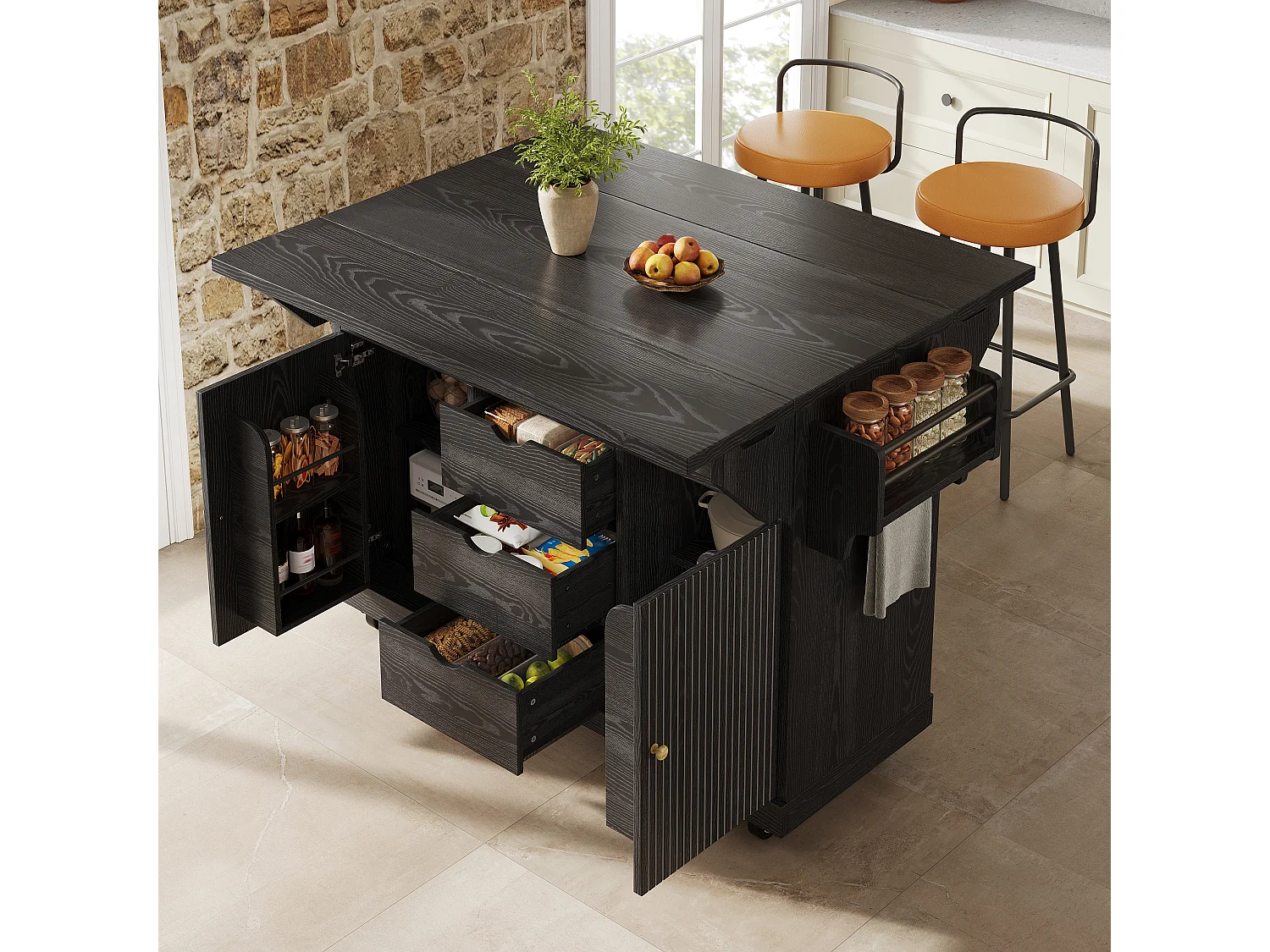 Keukentrolley met uitklapbare verlengstukken, 3 lades en vergrendelbare wielen - MDF en metaal - 142,5 × 80 × 95 cm - Zwart