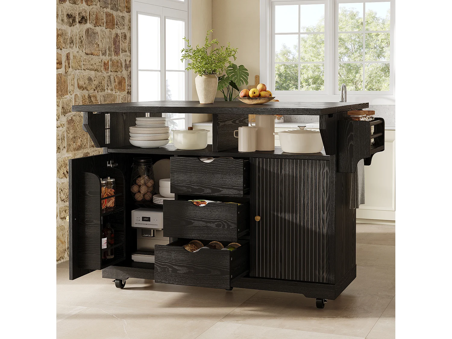 Keukentrolley met uitklapbare verlengstukken, 3 lades en vergrendelbare wielen - MDF en metaal - 142,5 × 80 × 95 cm - Zwart