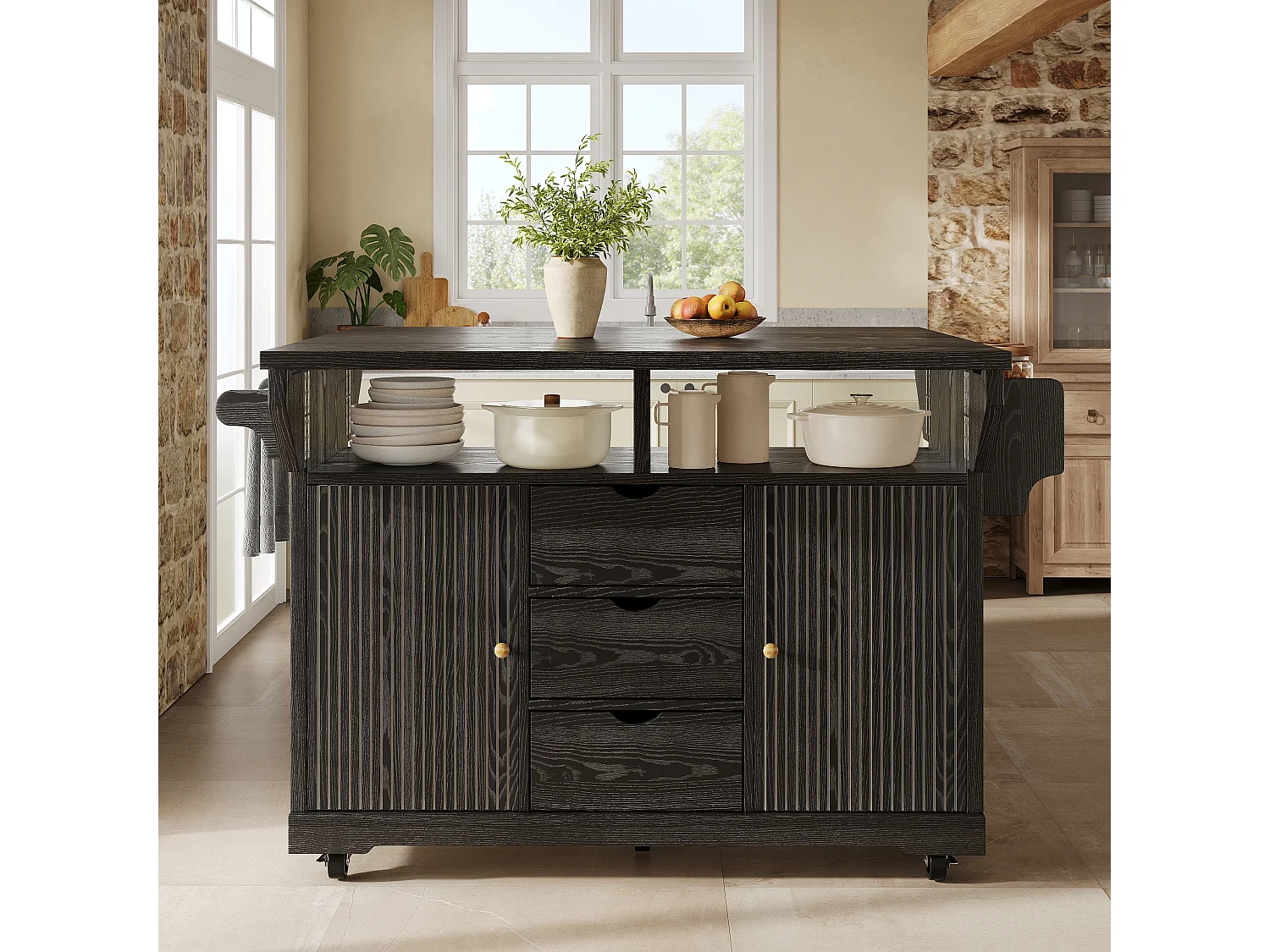 Keukentrolley met uitklapbare verlengstukken, 3 lades en vergrendelbare wielen - MDF en metaal - 142,5 × 80 × 95 cm - Zwart