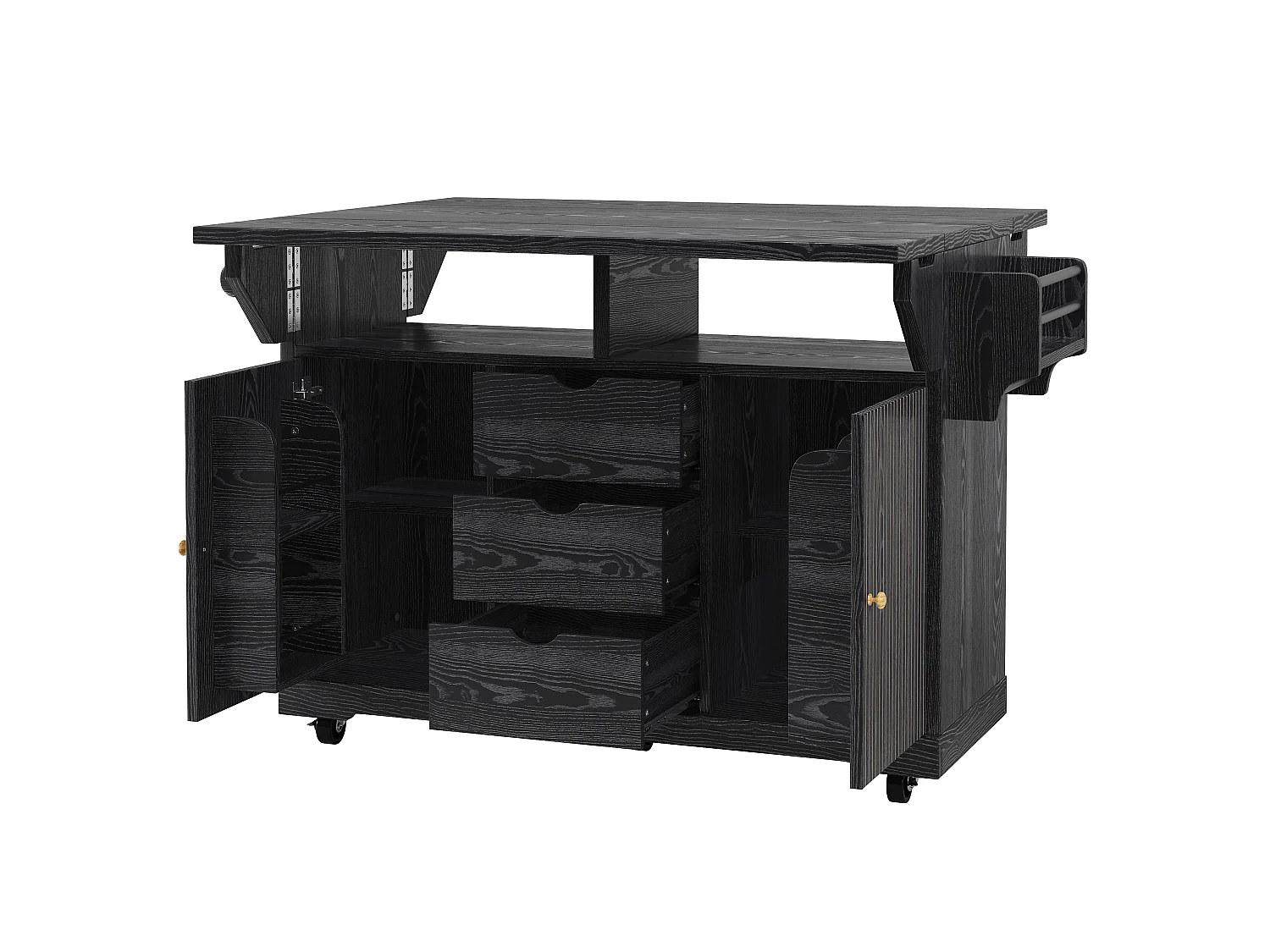Keukentrolley met uitklapbare verlengstukken, 3 lades en vergrendelbare wielen - MDF en metaal - 142,5 × 80 × 95 cm - Zwart