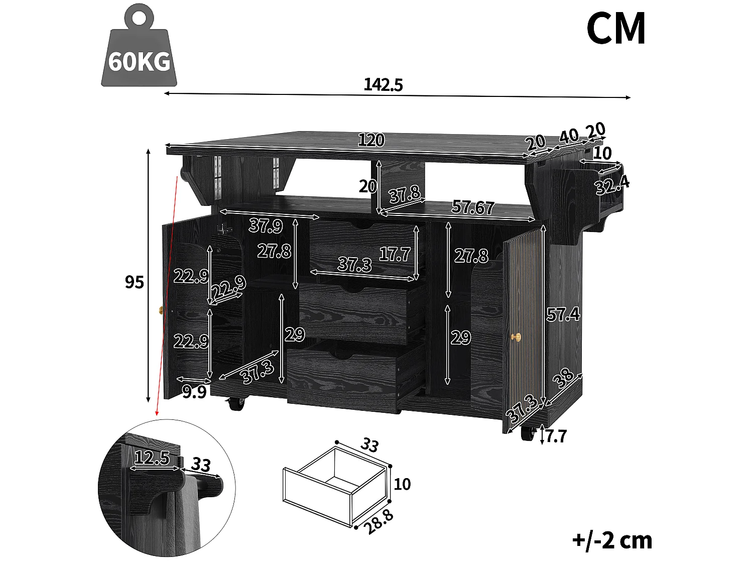 Keukentrolley met uitklapbare verlengstukken, 3 lades en vergrendelbare wielen - MDF en metaal - 142,5 × 80 × 95 cm - Zwart