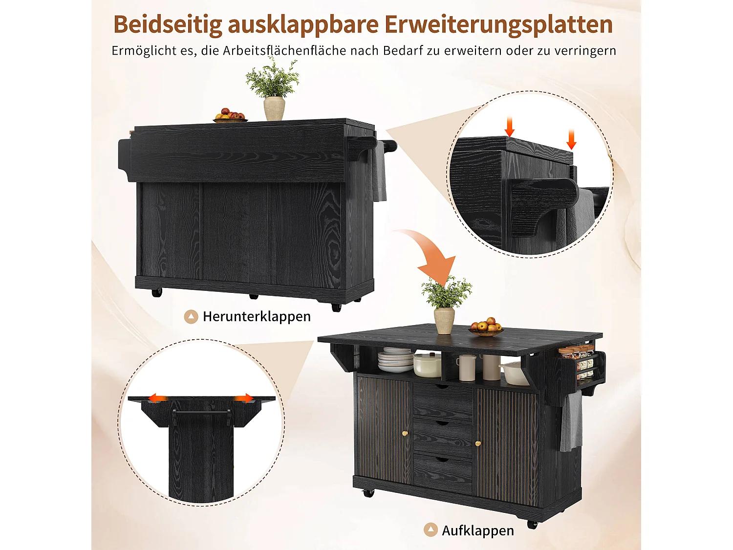 Keukentrolley met uitklapbare verlengstukken, 3 lades en vergrendelbare wielen - MDF en metaal - 142,5 × 80 × 95 cm - Zwart
