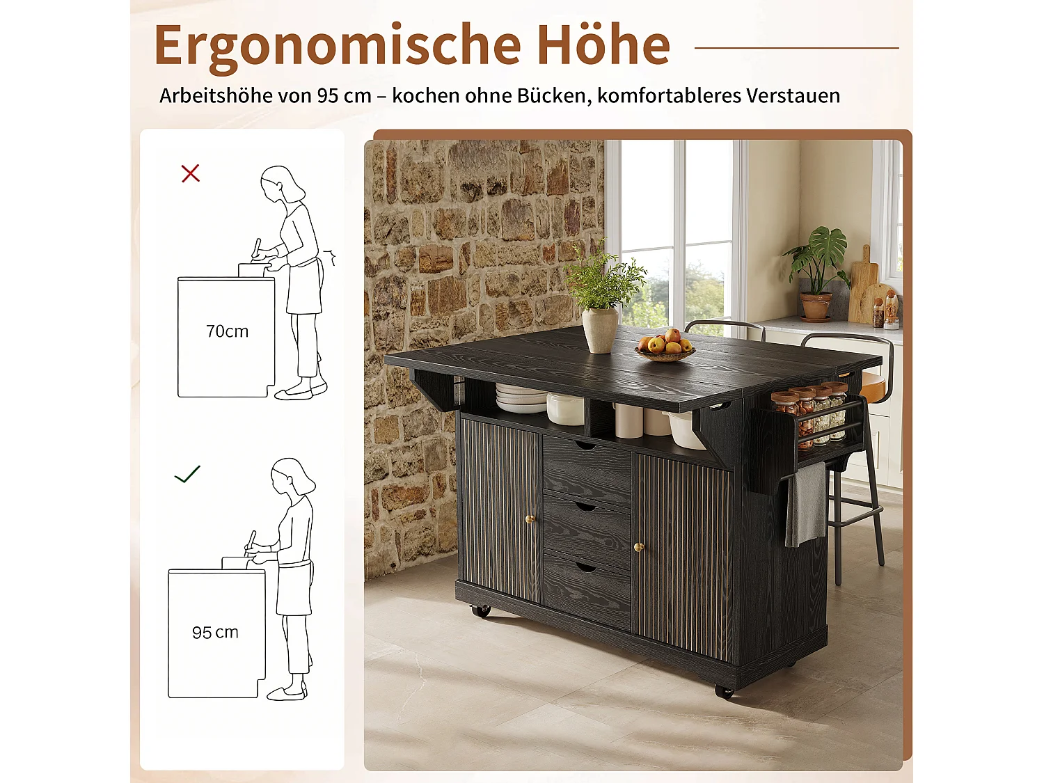 Keukentrolley met uitklapbare verlengstukken, 3 lades en vergrendelbare wielen - MDF en metaal - 142,5 × 80 × 95 cm - Zwart