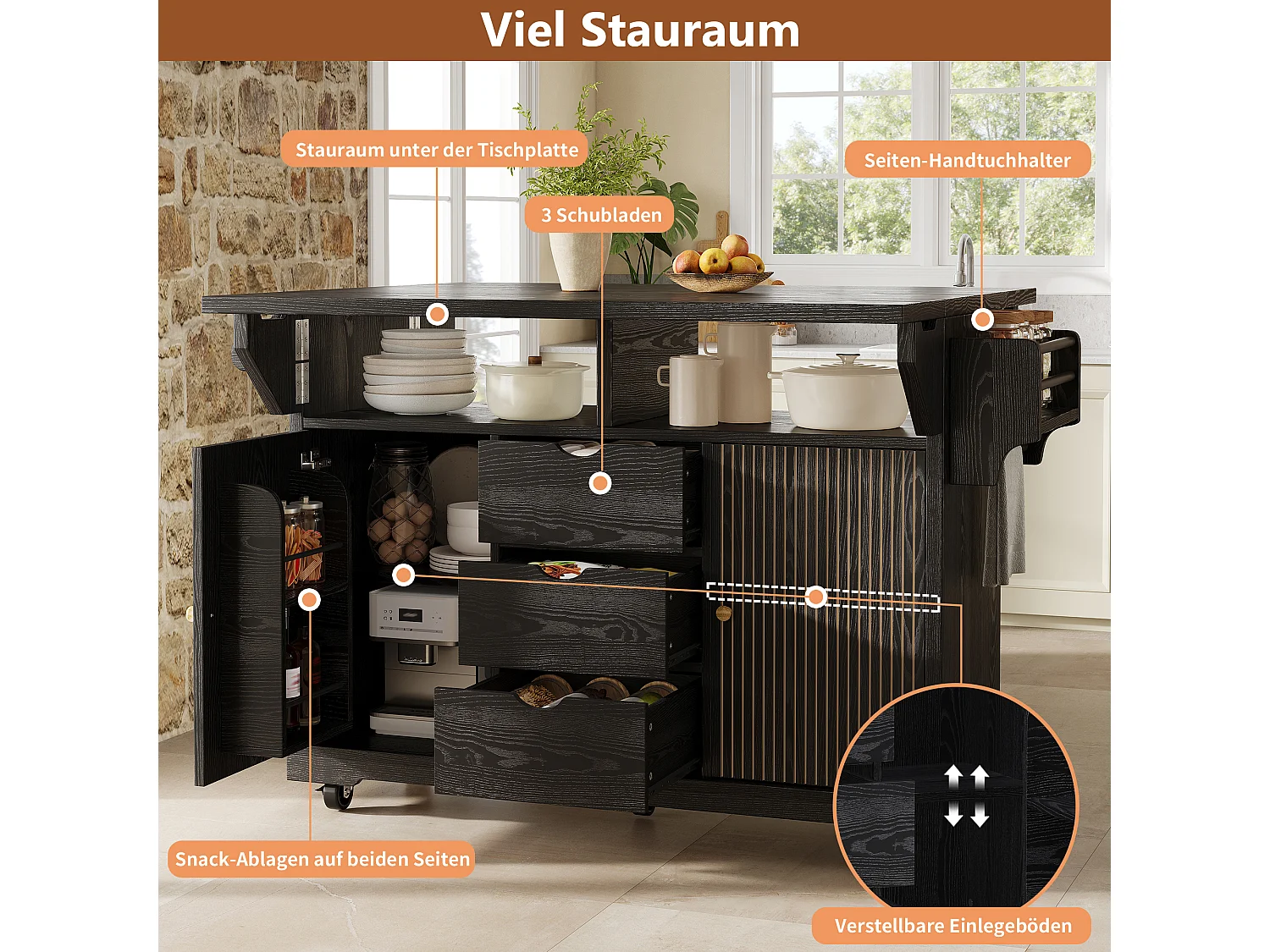 Keukentrolley met uitklapbare verlengstukken, 3 lades en vergrendelbare wielen - MDF en metaal - 142,5 × 80 × 95 cm - Zwart