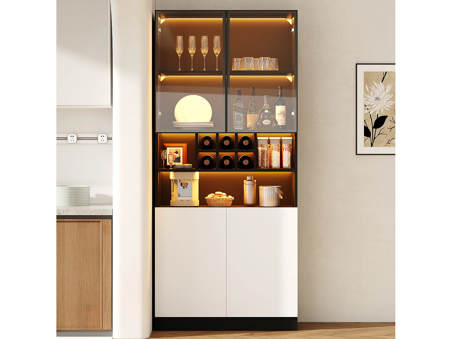 Küchenschrank mit LED-Beleuchtung und 4 Türen – Spanplatte und Glas – 80 x 30 x 180 cm – Weiß und Schwarz