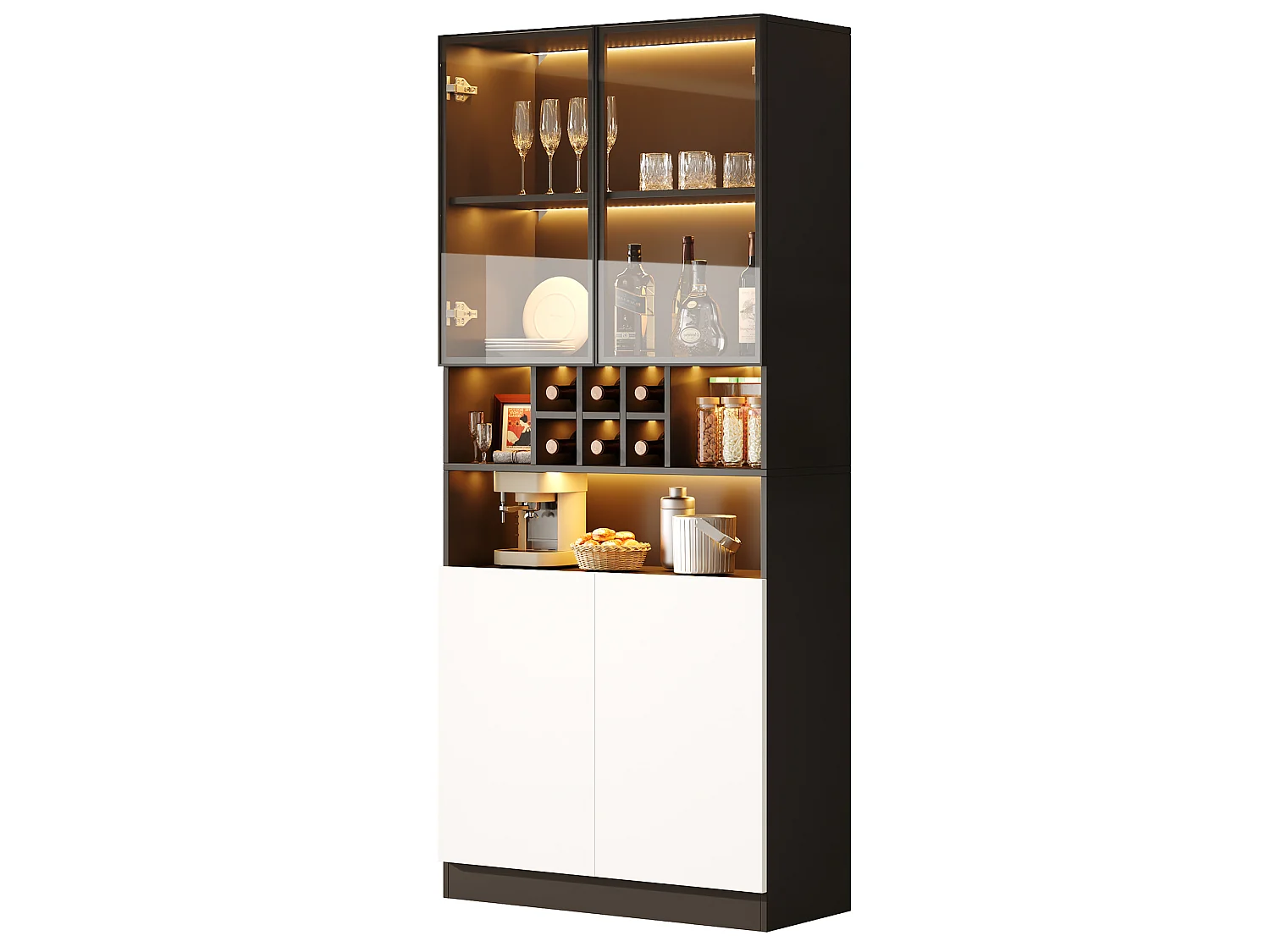 Küchenschrank mit LED-Beleuchtung und 4 Türen – Spanplatte und Glas – 80 x 30 x 180 cm – Weiß und Schwarz