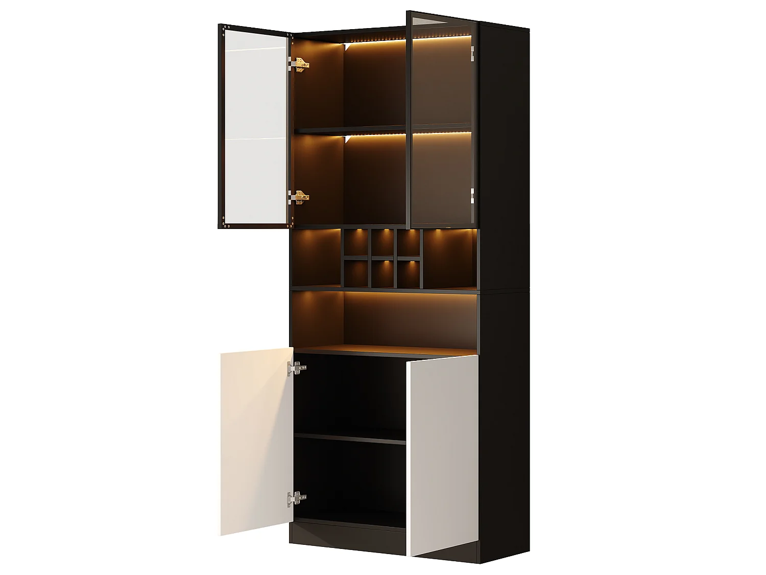 Küchenschrank mit LED-Beleuchtung und 4 Türen – Spanplatte und Glas – 80 x 30 x 180 cm – Weiß und Schwarz