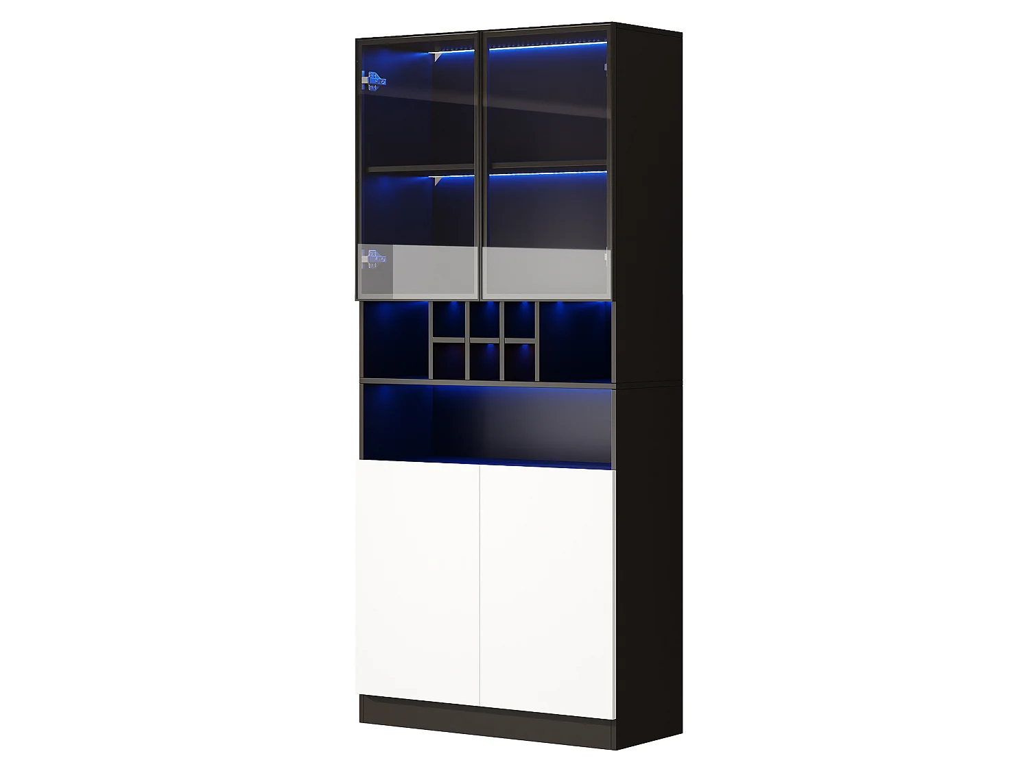 Küchenschrank mit LED-Beleuchtung und 4 Türen – Spanplatte und Glas – 80 x 30 x 180 cm – Weiß und Schwarz