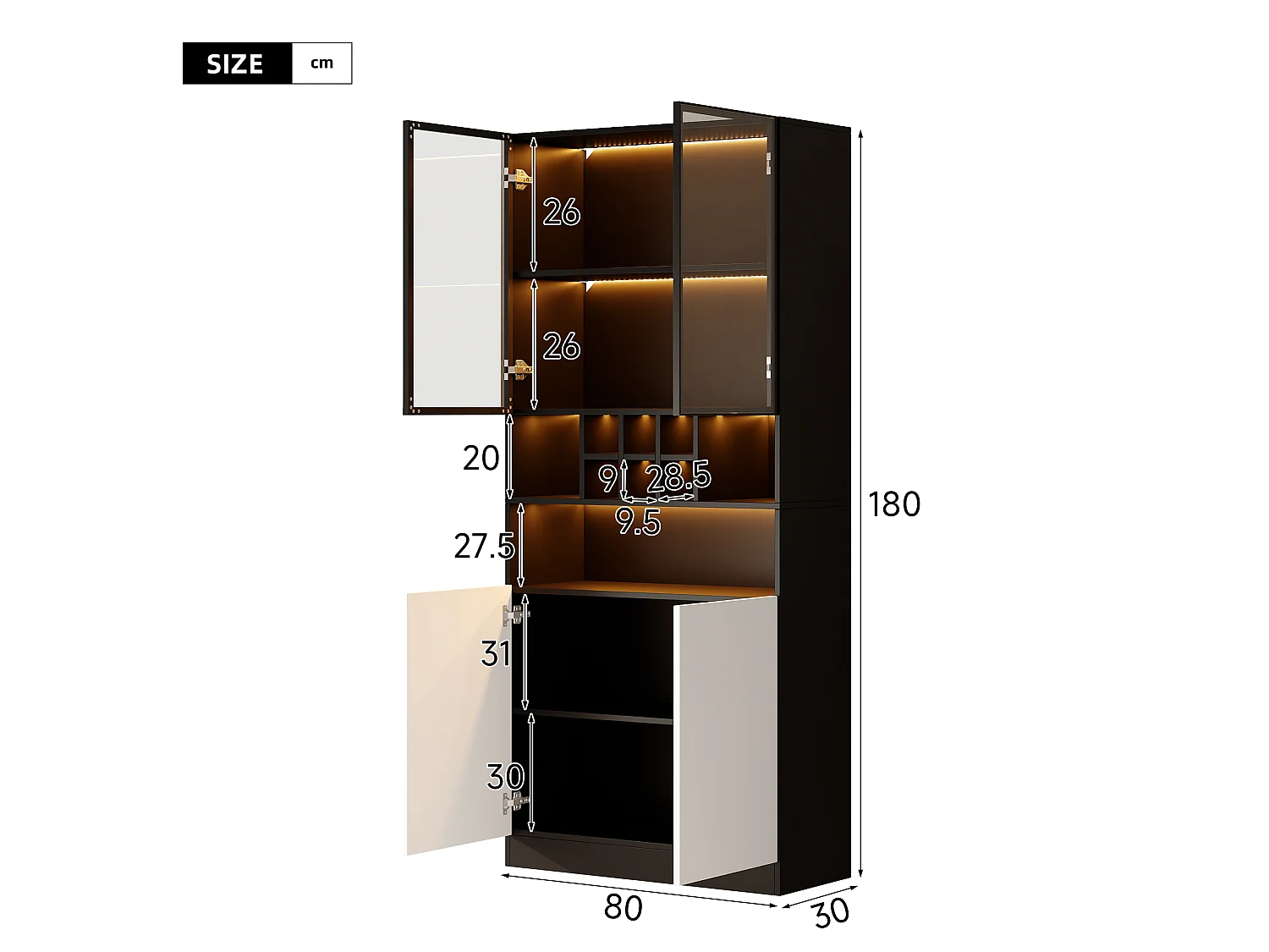 Küchenschrank mit LED-Beleuchtung und 4 Türen – Spanplatte und Glas – 80 x 30 x 180 cm – Weiß und Schwarz