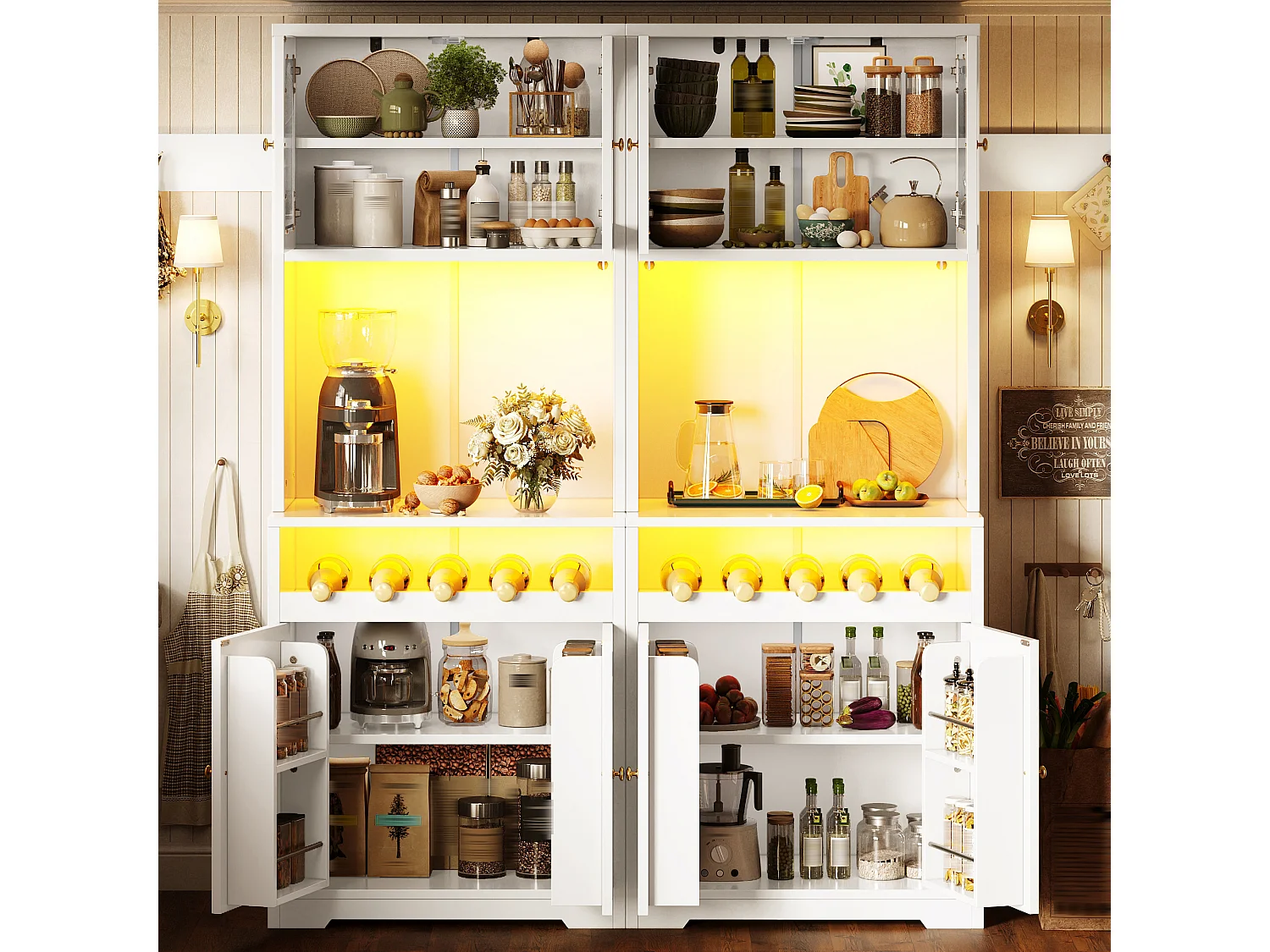 Set van 2 hoge keukenkasten met LED-verlichting, 8 gebogen deuren en wijnrek - MDF, glas en metaal - 140 × 38,3 × 180 cm - Wit