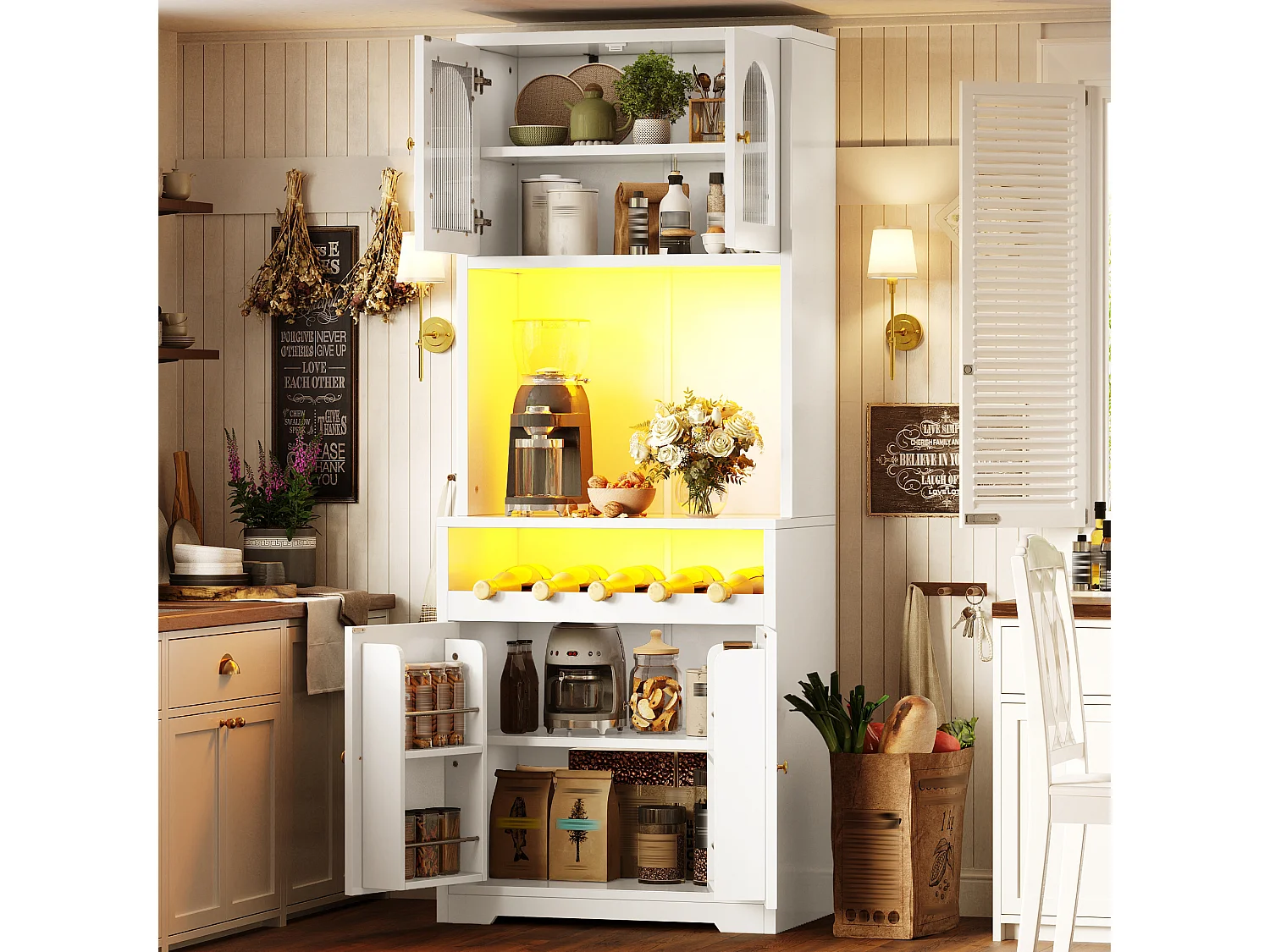 Set van 2 hoge keukenkasten met LED-verlichting, 8 gebogen deuren en wijnrek - MDF, glas en metaal - 140 × 38,3 × 180 cm - Wit