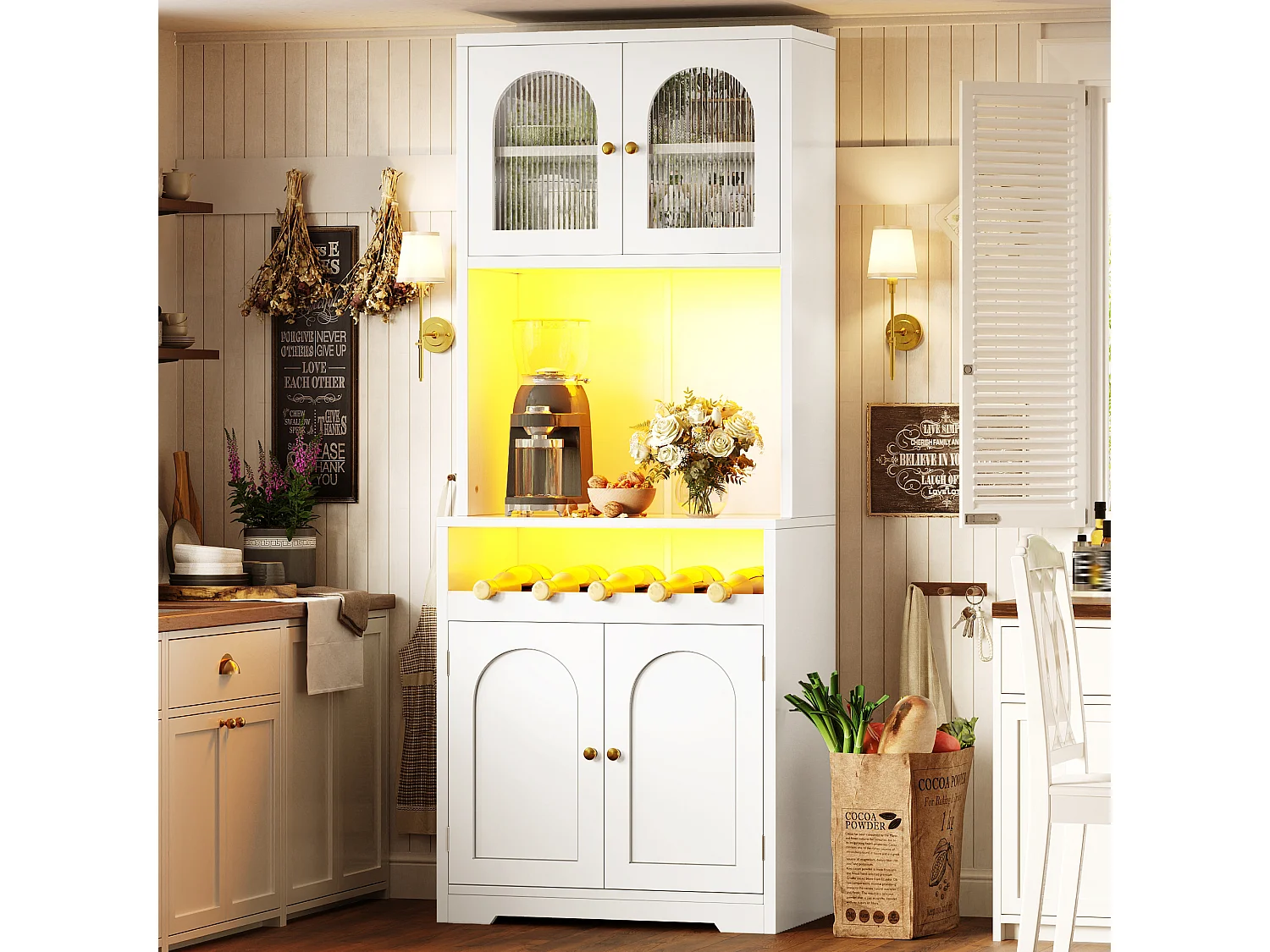 Set van 2 hoge keukenkasten met LED-verlichting, 8 gebogen deuren en wijnrek - MDF, glas en metaal - 140 × 38,3 × 180 cm - Wit