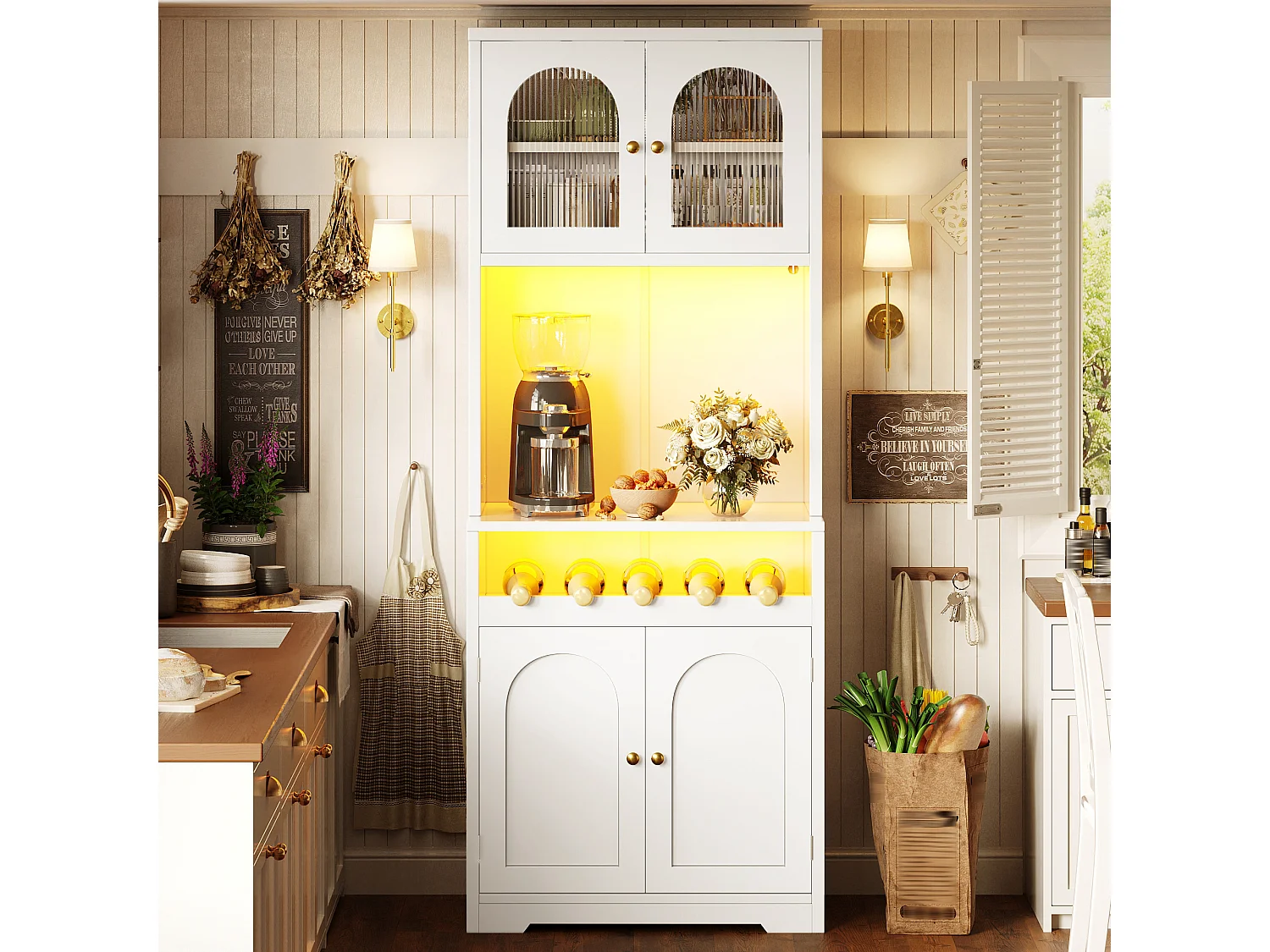 Set van 2 hoge keukenkasten met LED-verlichting, 8 gebogen deuren en wijnrek - MDF, glas en metaal - 140 × 38,3 × 180 cm - Wit