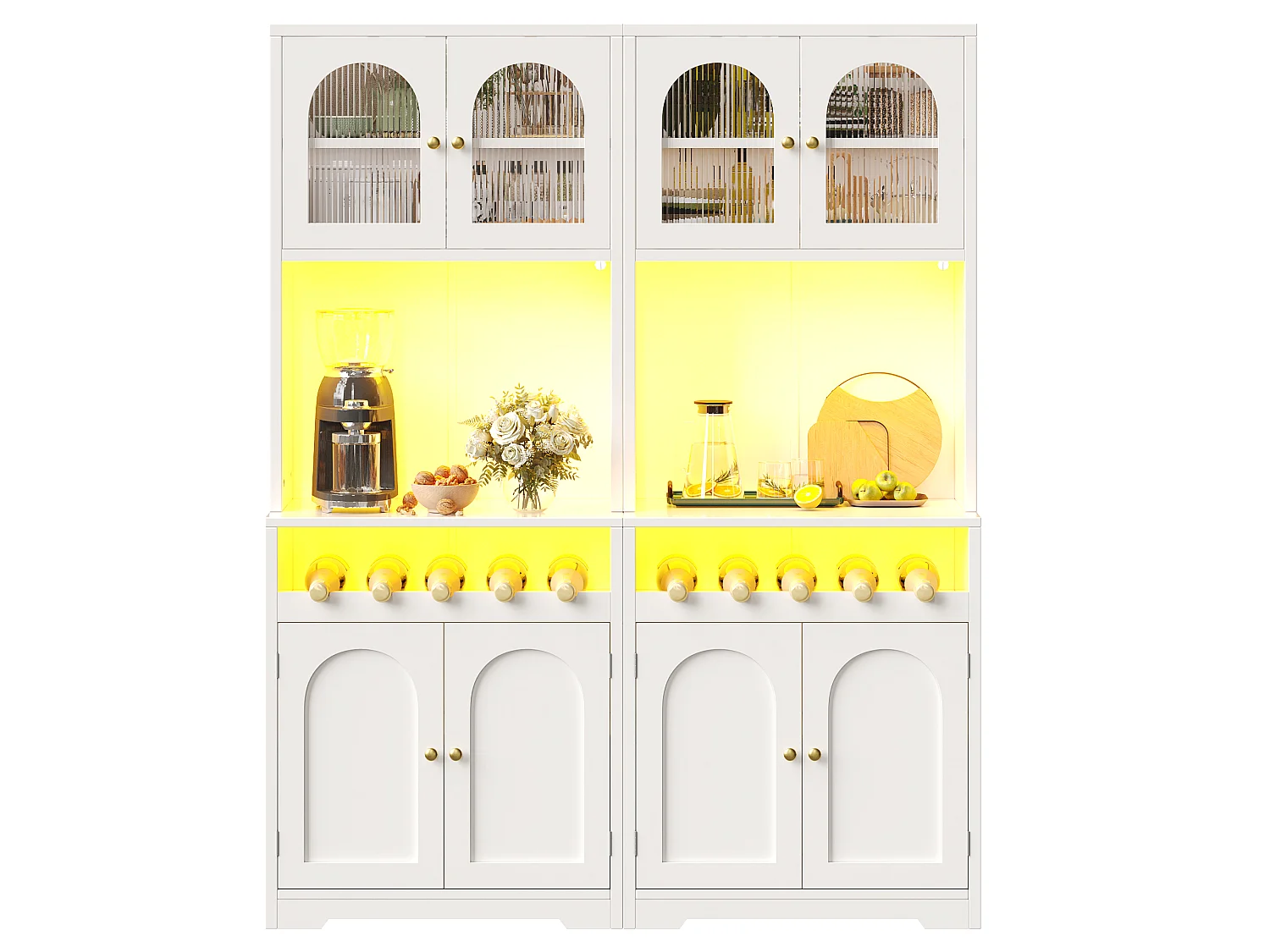 Set van 2 hoge keukenkasten met LED-verlichting, 8 gebogen deuren en wijnrek - MDF, glas en metaal - 140 × 38,3 × 180 cm - Wit