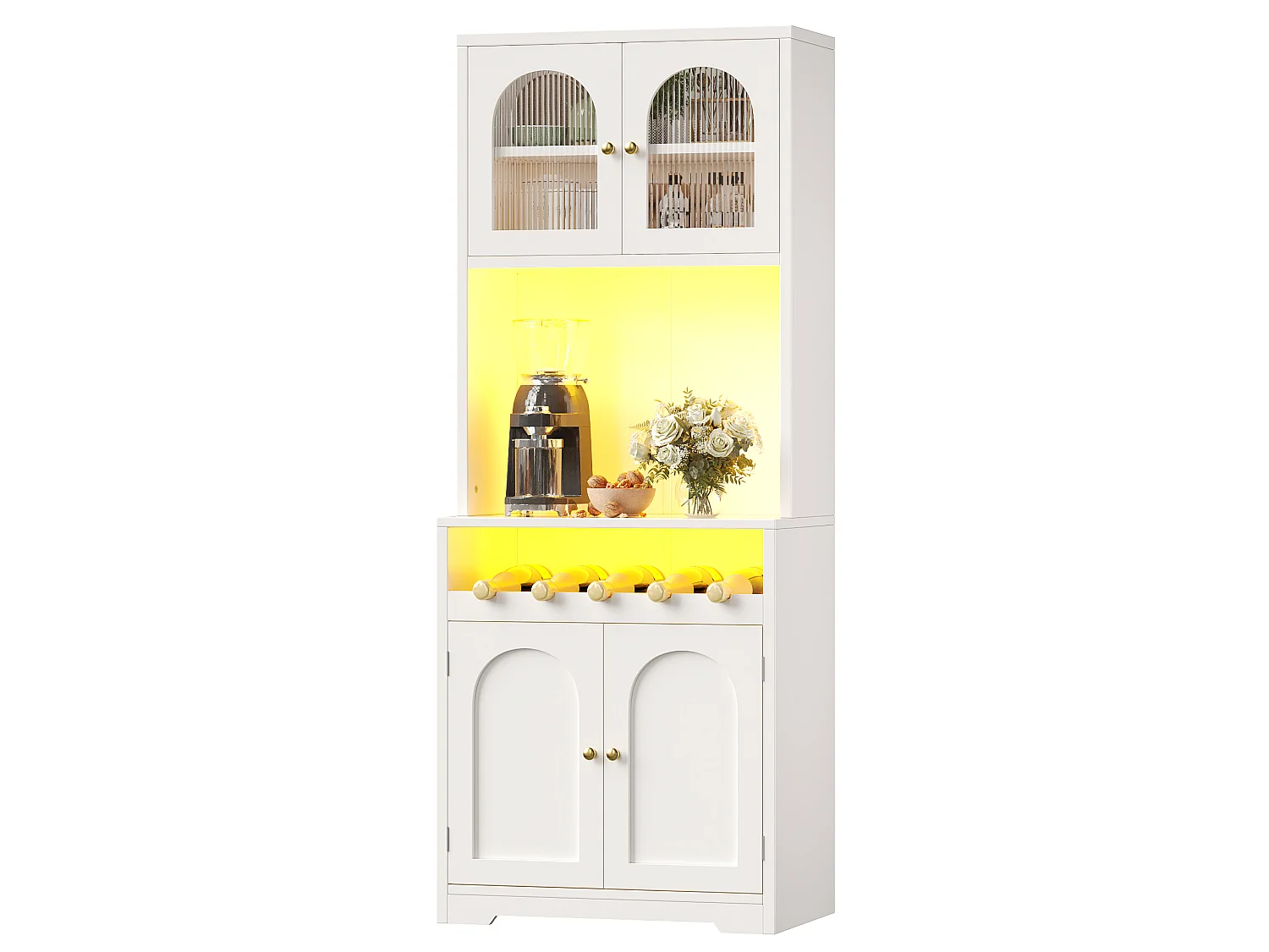Set van 2 hoge keukenkasten met LED-verlichting, 8 gebogen deuren en wijnrek - MDF, glas en metaal - 140 × 38,3 × 180 cm - Wit