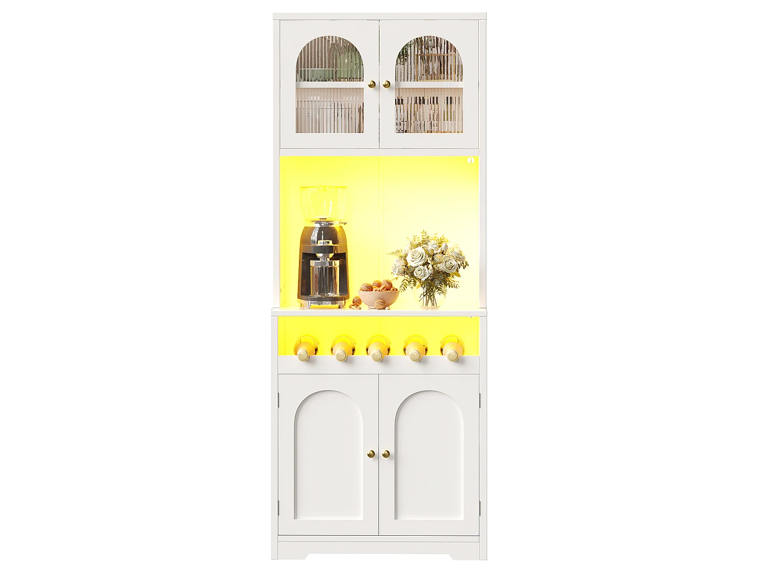 Set van 2 hoge keukenkasten met LED-verlichting, 8 gebogen deuren en wijnrek - MDF, glas en metaal - 140 × 38,3 × 180 cm - Wit