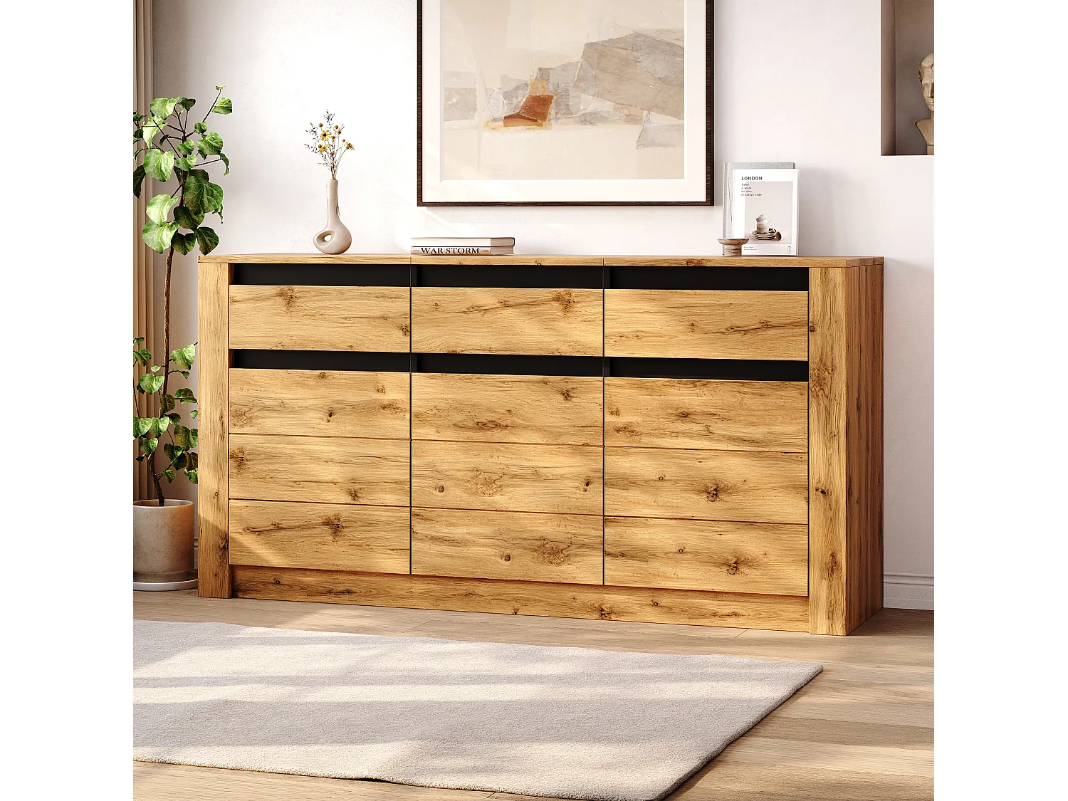 Skänk med 3 lådor, 3 dörrar, justerbara hyllor och en vågig front - Spånskiva - 135 x 35 x 70 cm - Naturträ