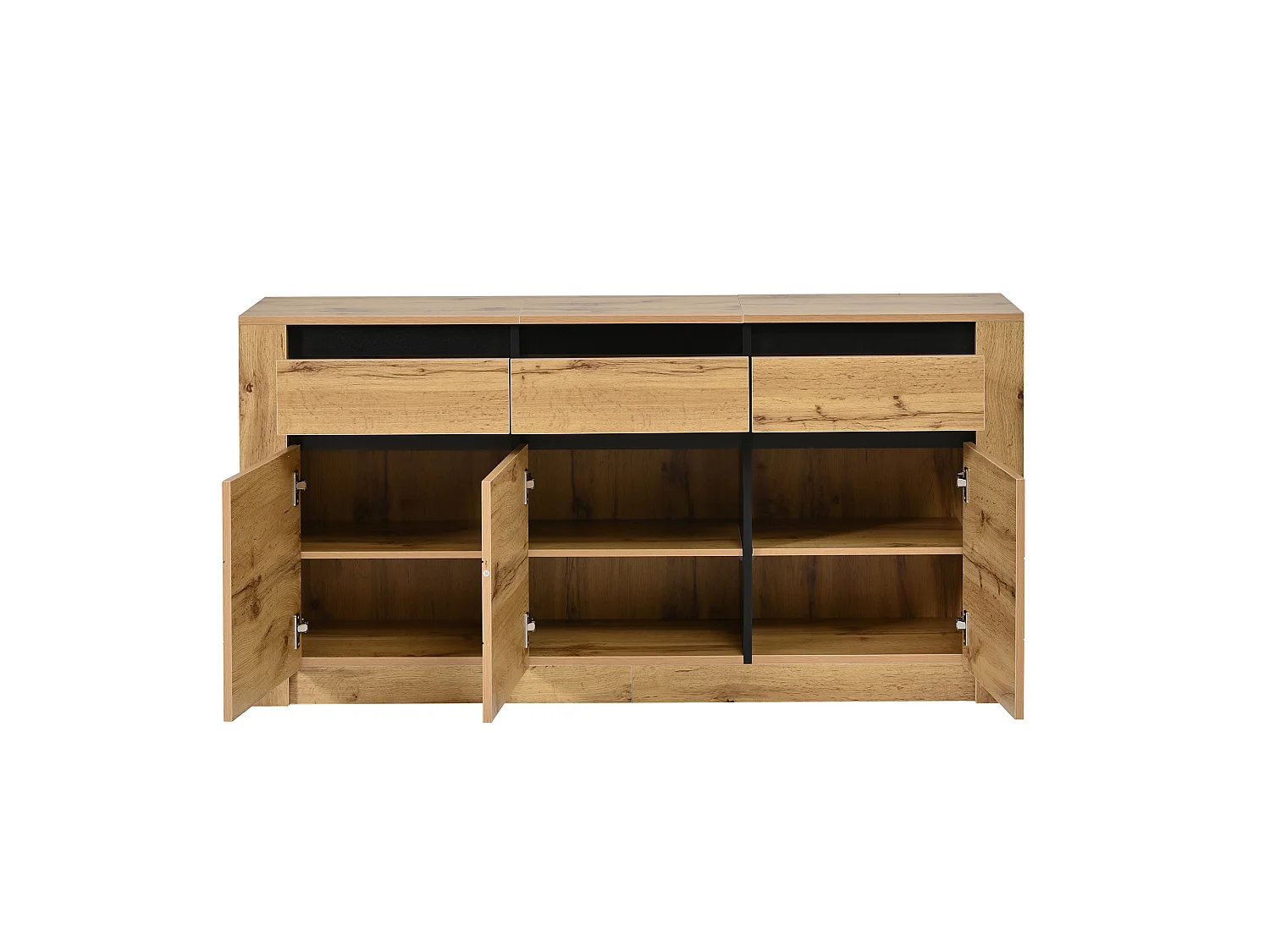 Skänk med 3 lådor, 3 dörrar, justerbara hyllor och en vågig front - Spånskiva - 135 x 35 x 70 cm - Naturträ
