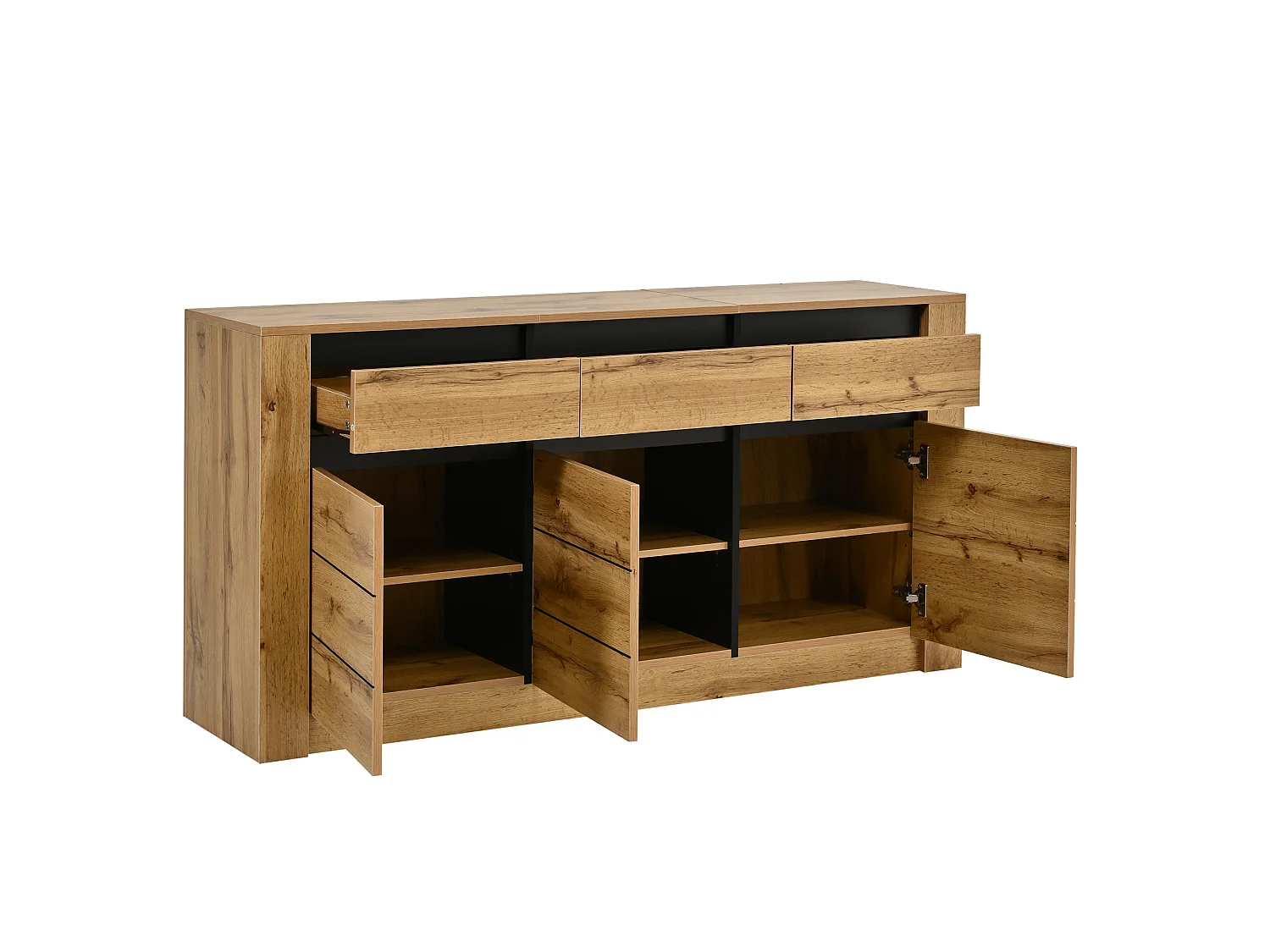 Skänk med 3 lådor, 3 dörrar, justerbara hyllor och en vågig front - Spånskiva - 135 x 35 x 70 cm - Naturträ