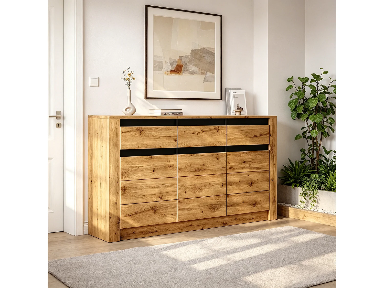 Skänk med 3 lådor, 3 dörrar, justerbara hyllor och en vågig front - Spånskiva - 135 x 35 x 70 cm - Naturträ