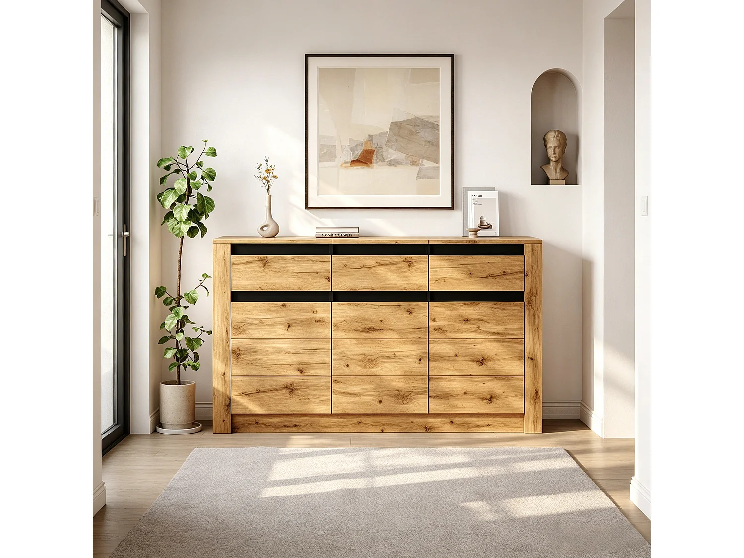 Skänk med 3 lådor, 3 dörrar, justerbara hyllor och en vågig front - Spånskiva - 135 x 35 x 70 cm - Naturträ