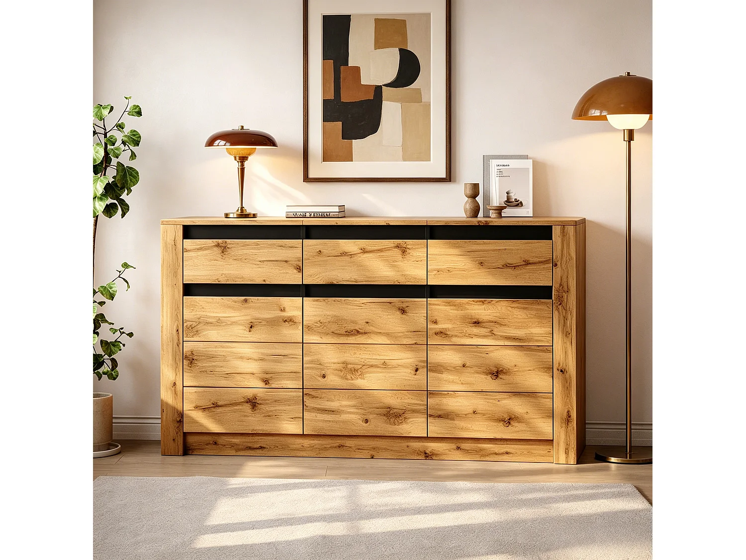 Skänk med 3 lådor, 3 dörrar, justerbara hyllor och en vågig front - Spånskiva - 135 x 35 x 70 cm - Naturträ