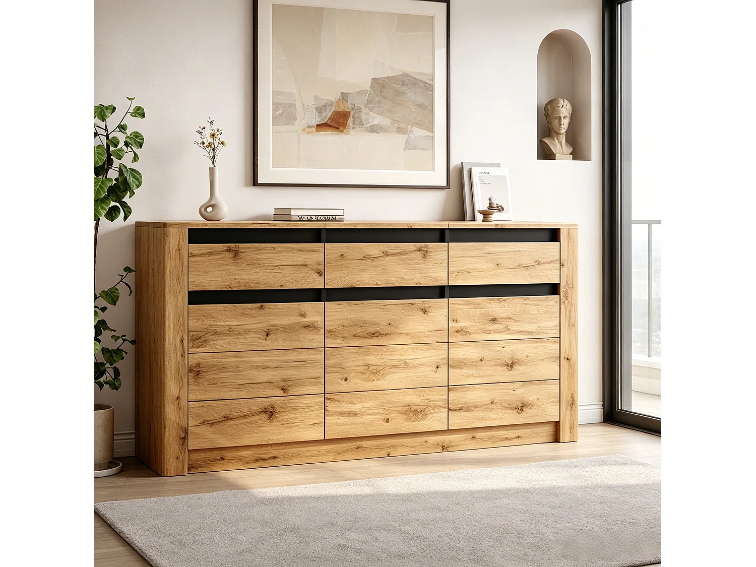 Skänk med 3 lådor, 3 dörrar, justerbara hyllor och en vågig front - Spånskiva - 135 x 35 x 70 cm - Naturträ
