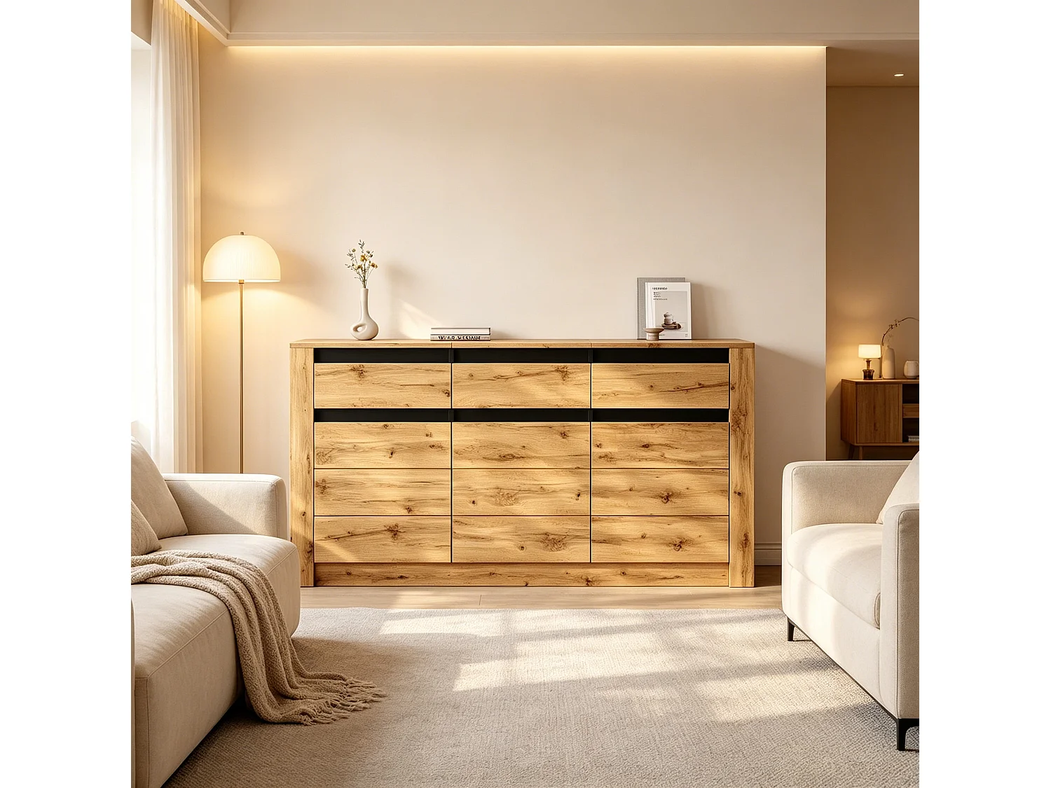 Skänk med 3 lådor, 3 dörrar, justerbara hyllor och en vågig front - Spånskiva - 135 x 35 x 70 cm - Naturträ