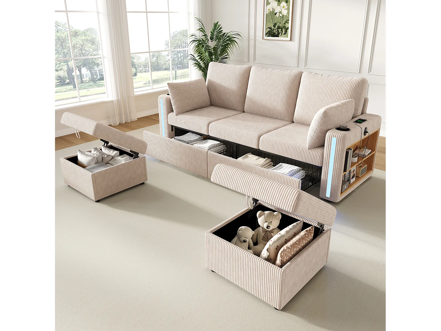 Modulares Ecksofa für 5–6 Personen mit 2 Aufbewahrungshockern, LED-Beleuchtung, App-Anschlüssen (USB/Typ-C) und 2 Schubladen – Cord – 190 x 130 x 85 cm – Beige