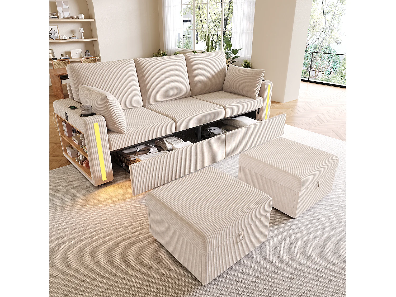 Modulares Ecksofa für 5–6 Personen mit 2 Aufbewahrungshockern, LED-Beleuchtung, App-Anschlüssen (USB/Typ-C) und 2 Schubladen – Cord – 190 x 130 x 85 cm – Beige