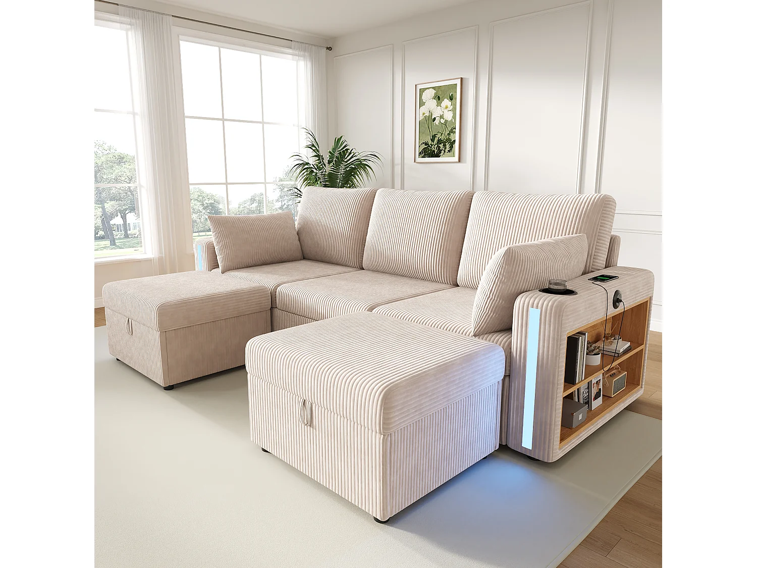 Modulares Ecksofa für 5–6 Personen mit 2 Aufbewahrungshockern, LED-Beleuchtung, App-Anschlüssen (USB/Typ-C) und 2 Schubladen – Cord – 190 x 130 x 85 cm – Beige