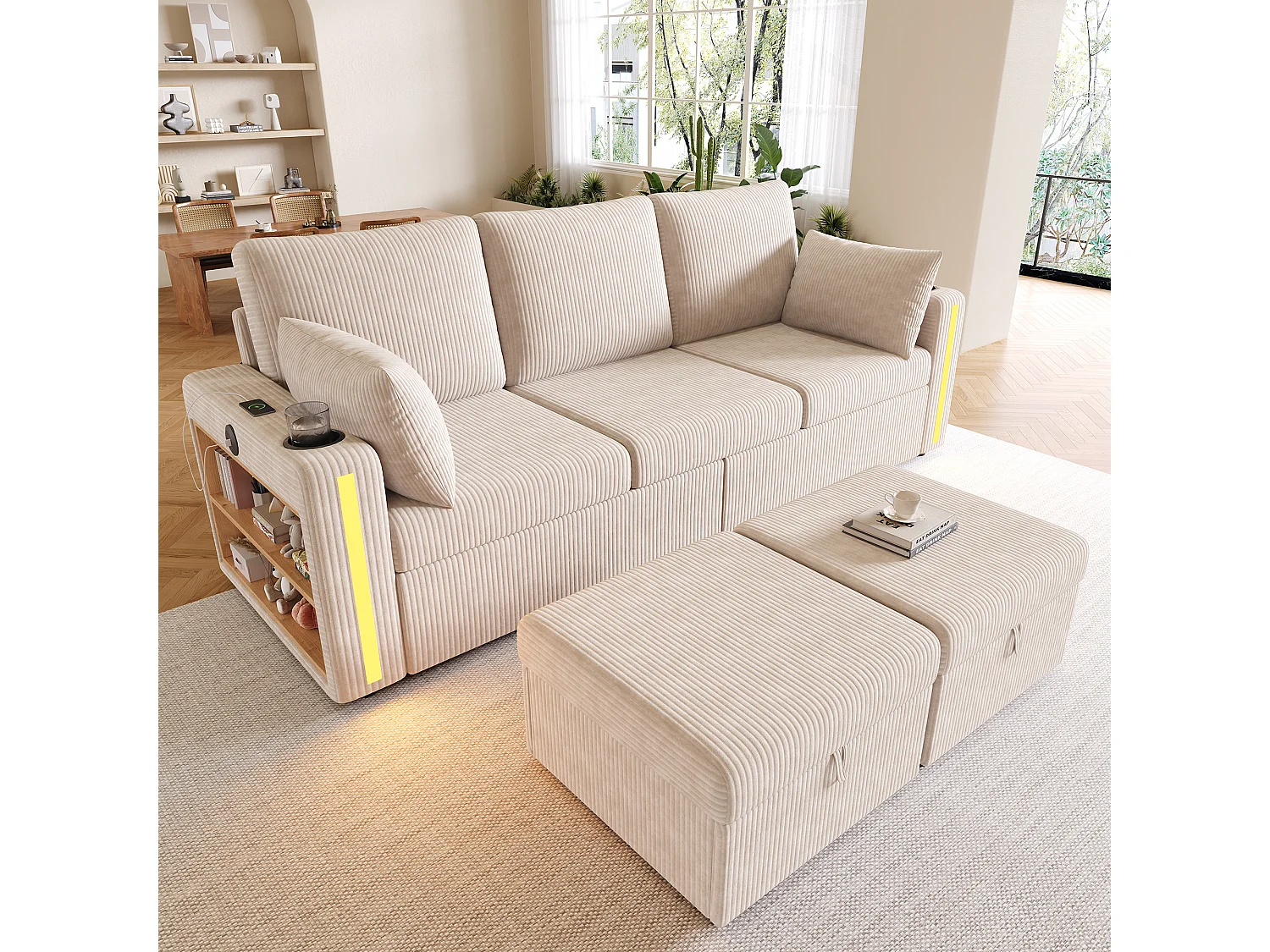 Modulares Ecksofa für 5–6 Personen mit 2 Aufbewahrungshockern, LED-Beleuchtung, App-Anschlüssen (USB/Typ-C) und 2 Schubladen – Cord – 190 x 130 x 85 cm – Beige