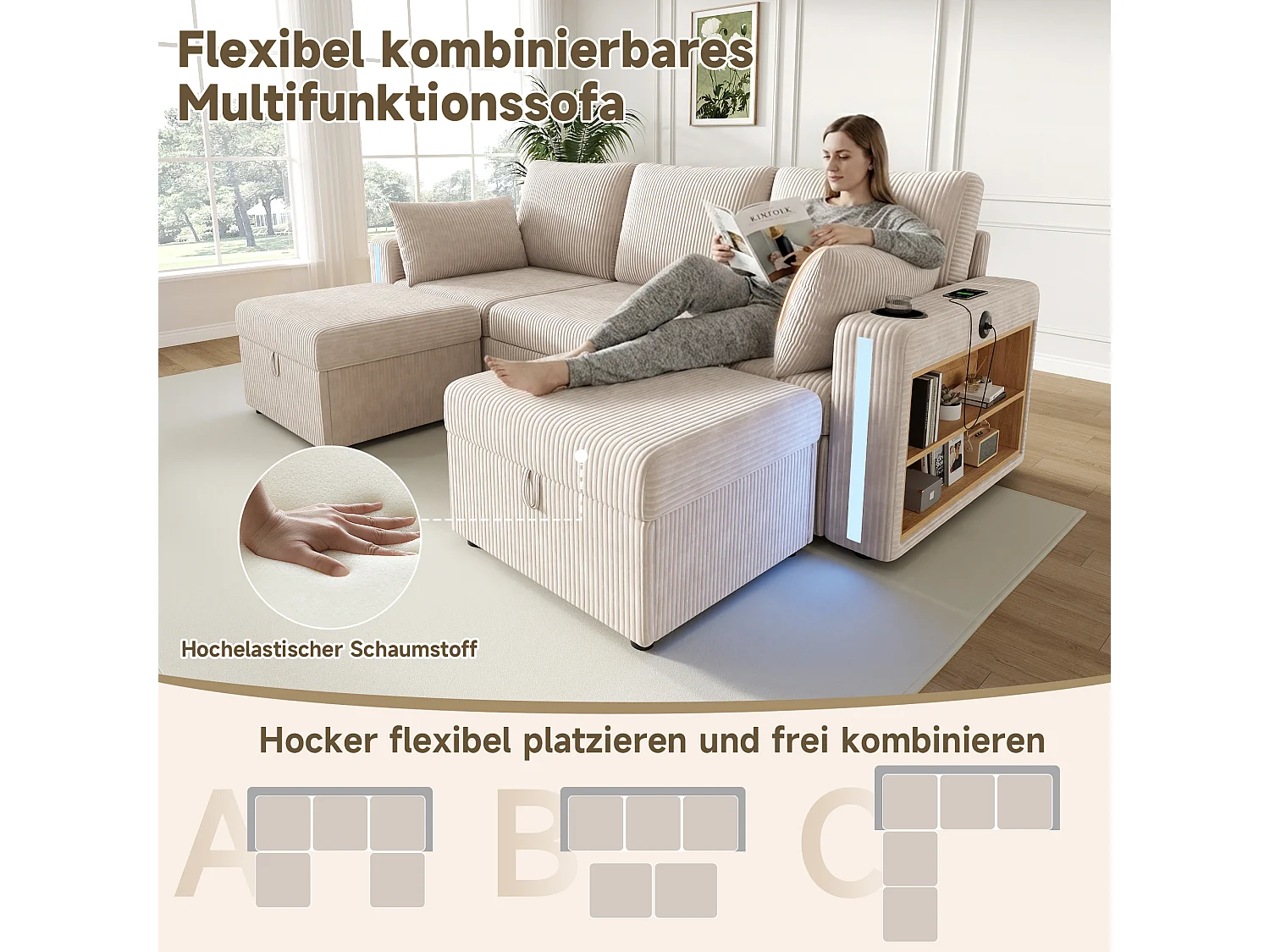 Modulares Ecksofa für 5–6 Personen mit 2 Aufbewahrungshockern, LED-Beleuchtung, App-Anschlüssen (USB/Typ-C) und 2 Schubladen – Cord – 190 x 130 x 85 cm – Beige