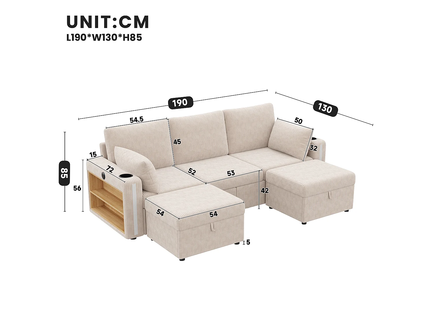 Modulares Ecksofa für 5–6 Personen mit 2 Aufbewahrungshockern, LED-Beleuchtung, App-Anschlüssen (USB/Typ-C) und 2 Schubladen – Cord – 190 x 130 x 85 cm – Beige
