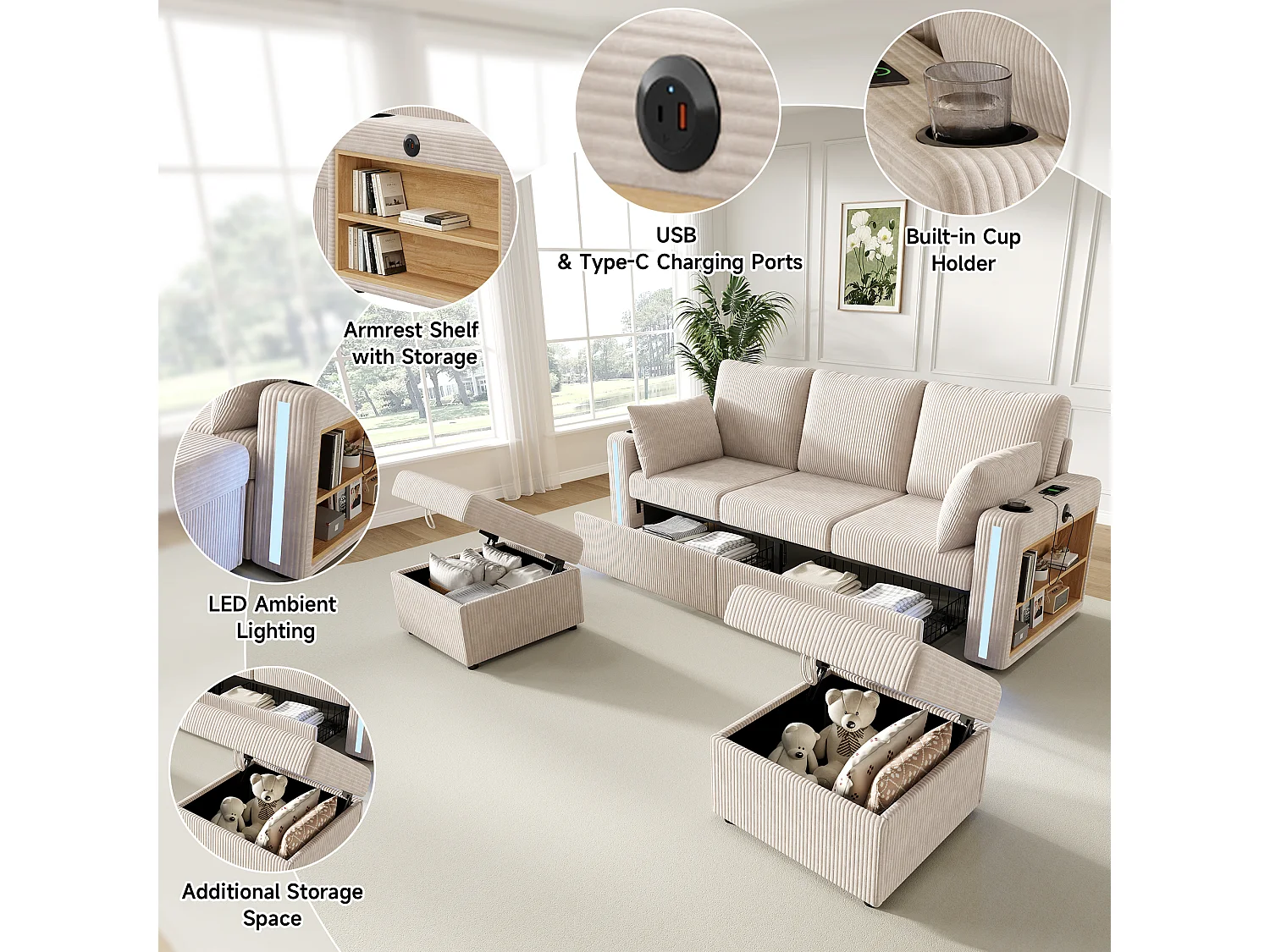 Modulares Ecksofa für 5–6 Personen mit 2 Aufbewahrungshockern, LED-Beleuchtung, App-Anschlüssen (USB/Typ-C) und 2 Schubladen – Cord – 190 x 130 x 85 cm – Beige
