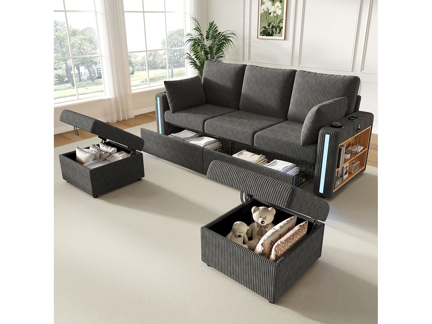 Divano angolare modulare da 5-6 posti con 2 pouf contenitore, app LED, USB/Type-C, 2 cassetti - Velluto a coste - 190 x 130 x 85 cm - Grigio