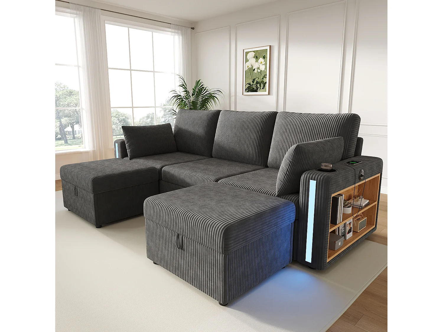 Divano angolare modulare da 5-6 posti con 2 pouf contenitore, app LED, USB/Type-C, 2 cassetti - Velluto a coste - 190 x 130 x 85 cm - Grigio